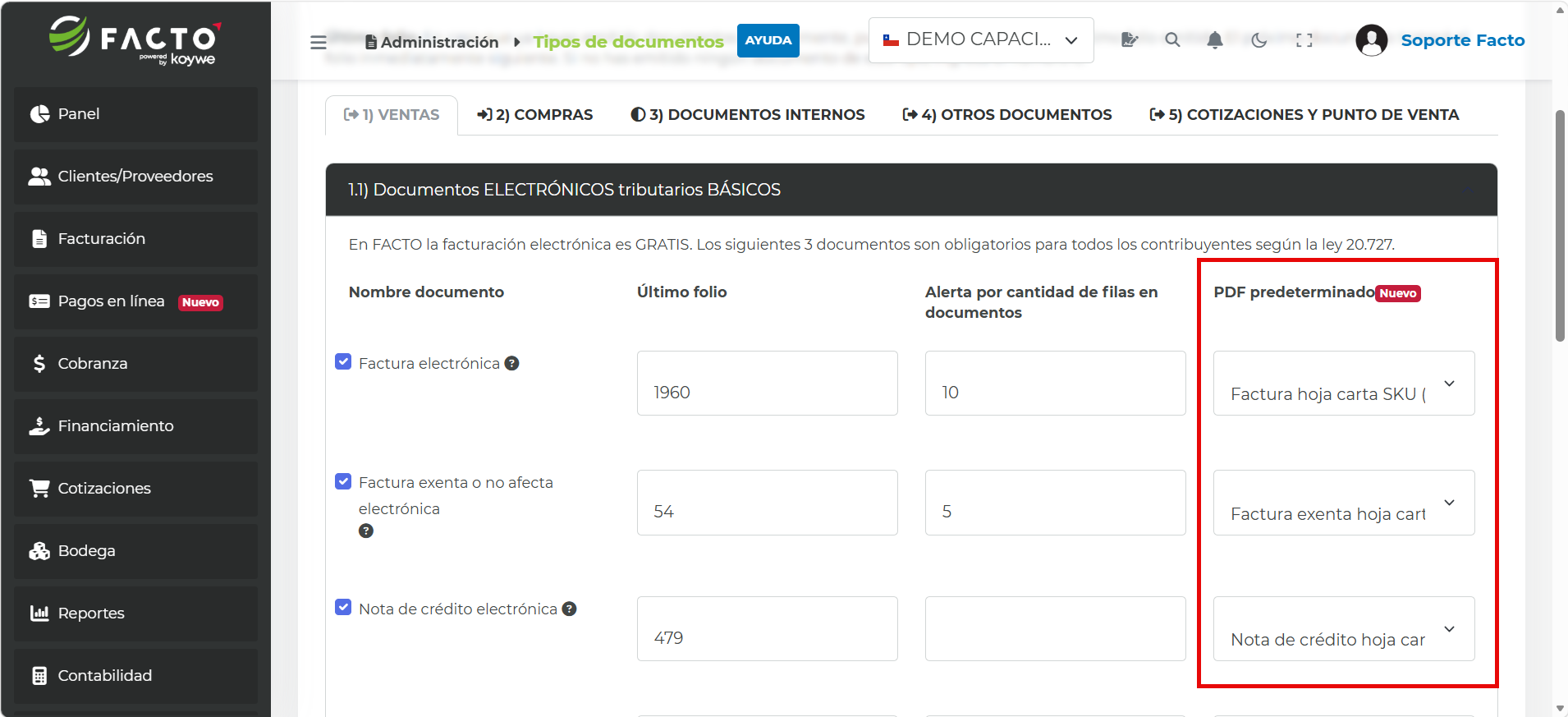 Columna PDF predeterminado en la pantalla de Tipos de documentos, con el formato de PDF a elegir para cada documento