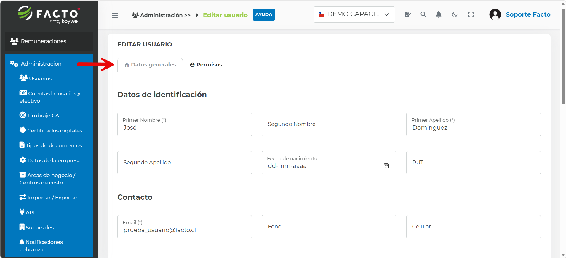 Pestaña Datos generales con los datos de identificación y contacto del usuario