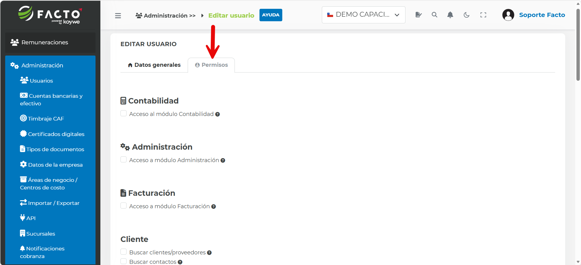 Pestaña Permisos con las casillas de acceso a los distintos módulos de Facto