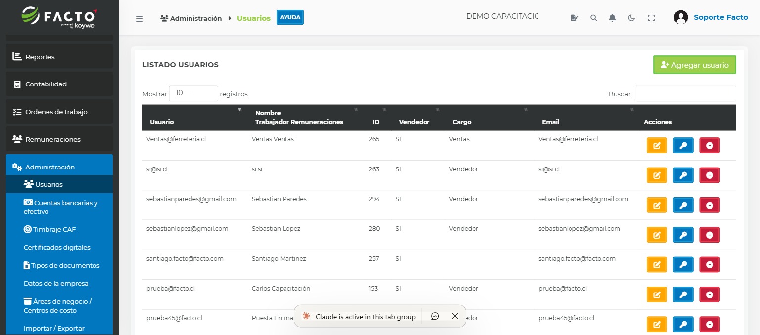 Listado de usuarios del sistema en FACTO con sus roles y acciones disponibles