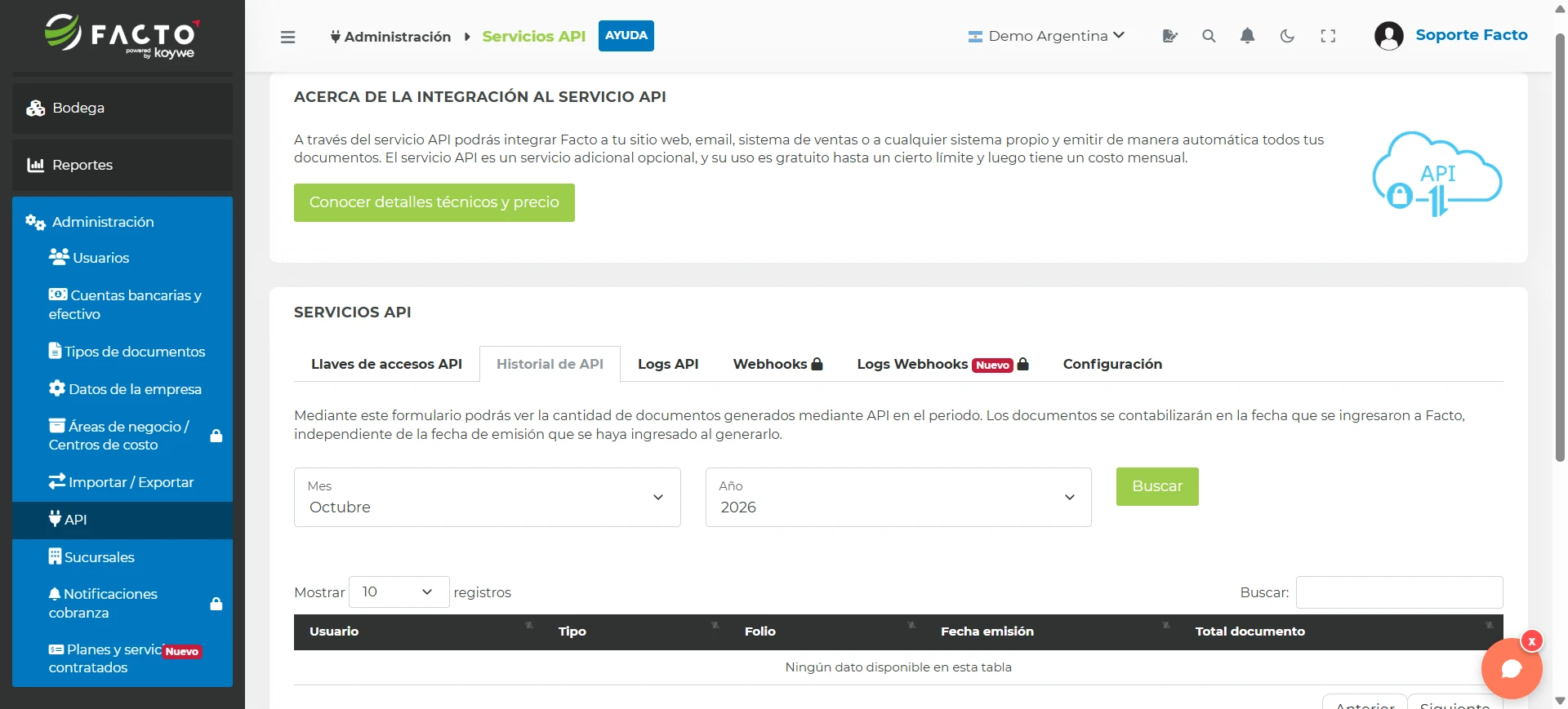 Pestaña Historial de API con los selectores de Mes y Año, el botón Buscar y la tabla con los documentos emitidos por API