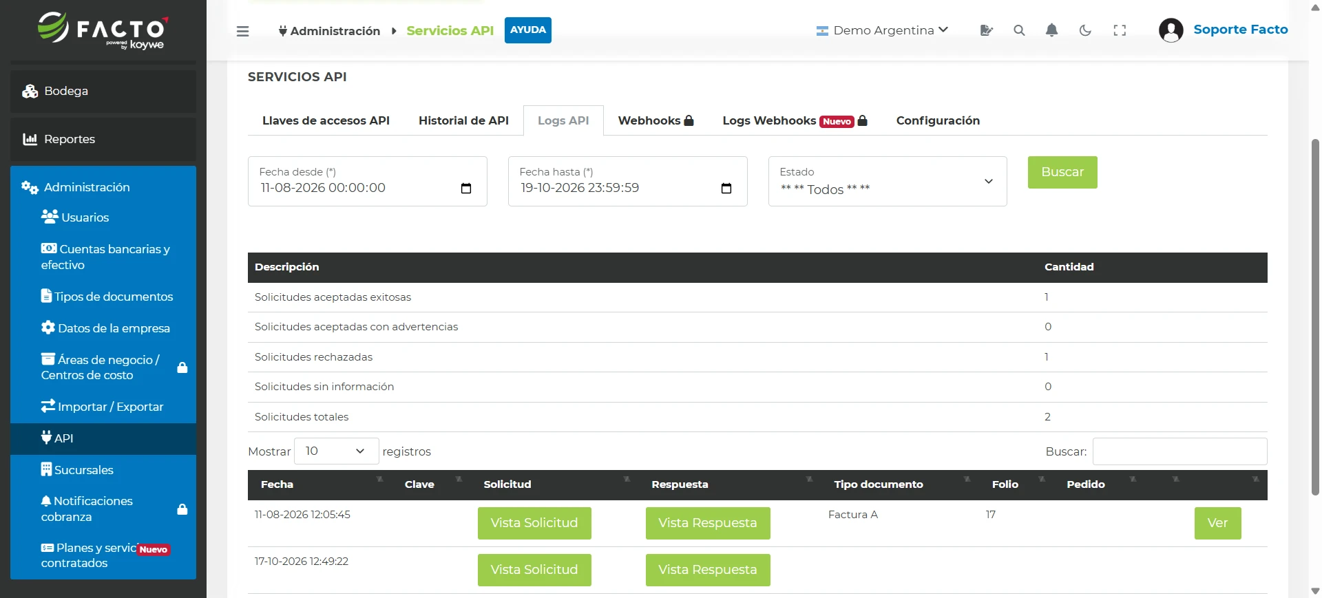 Pestaña Logs API con el resumen de solicitudes y el detalle de cada solicitud con botones Vista Solicitud y Vista Respuesta