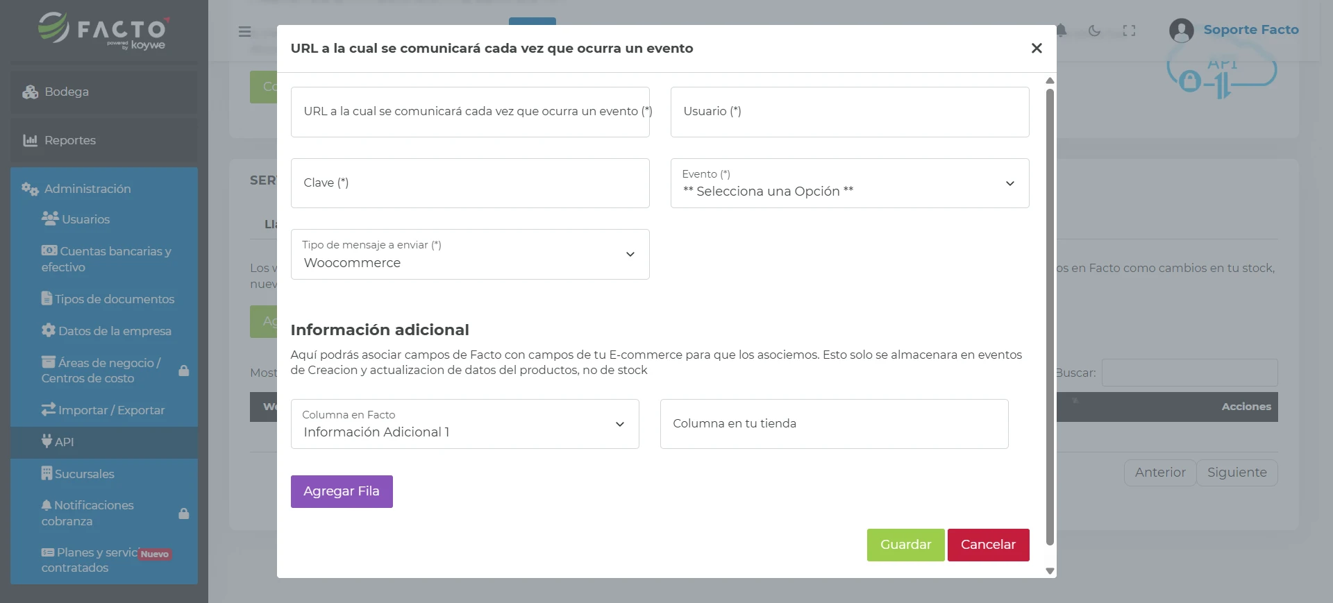 Ventana emergente para agregar una suscripción Webhooks con los campos URL, Usuario, Clave, Evento y Tipo de mensaje a enviar