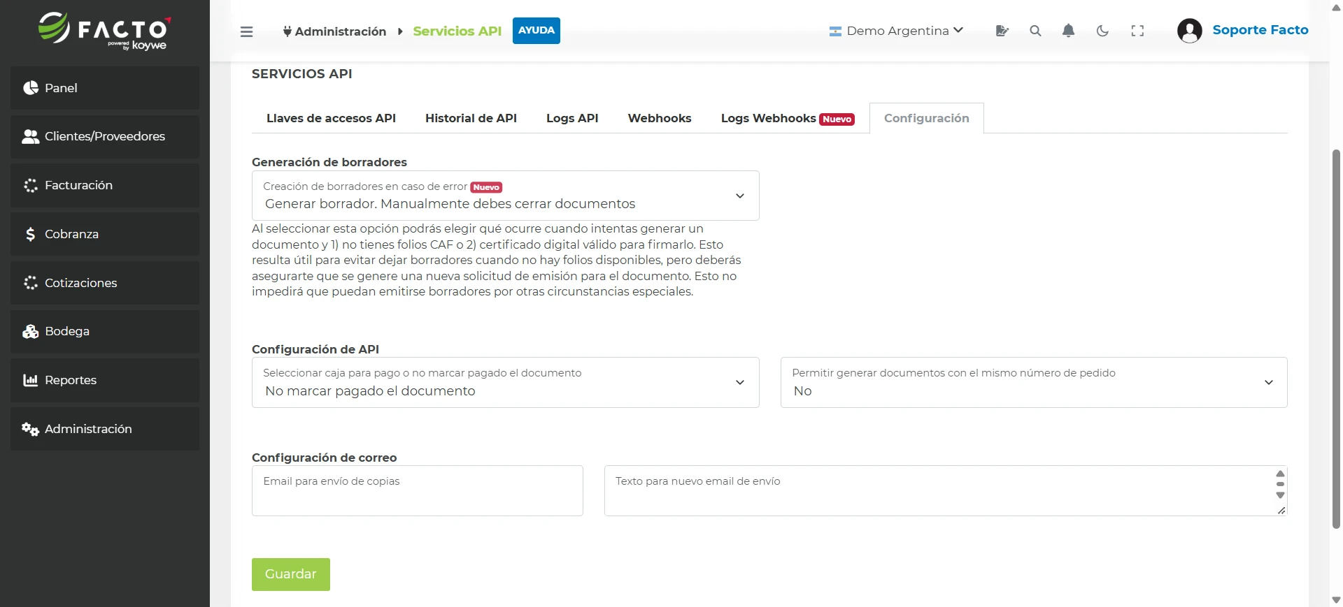 Pestaña Configuración de API con el campo para seleccionar la caja donde se registran los pagos de los documentos emitidos por API