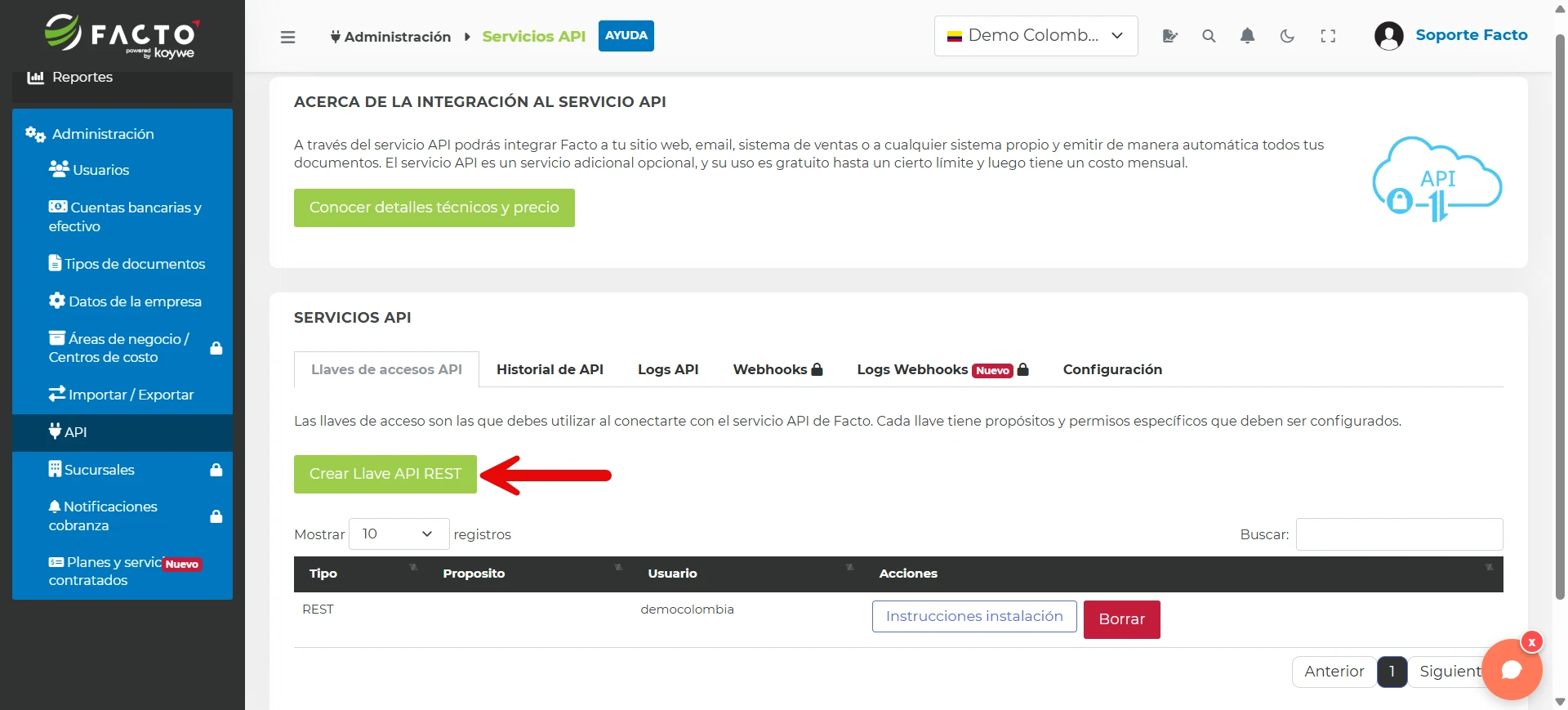 Pantalla de Llaves de accesos API con una flecha señalando el botón Crear Llave API REST