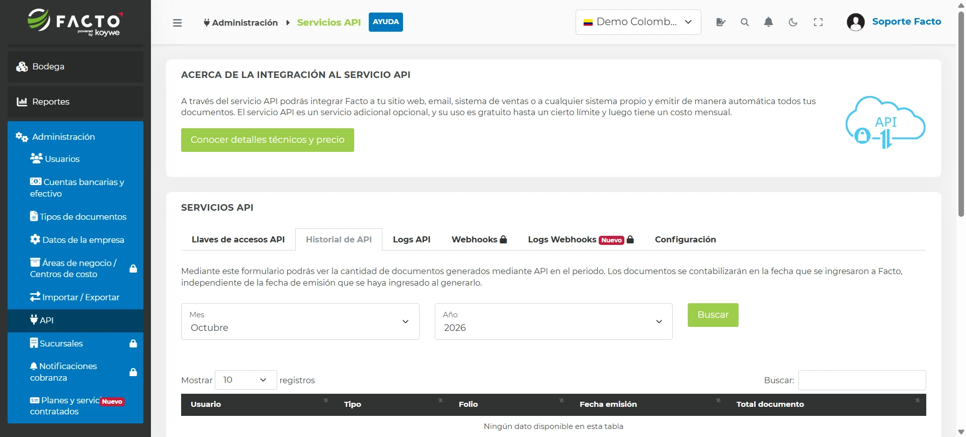 Pestaña Historial de API con los selectores de Mes y Año, el botón Buscar y la tabla con los documentos emitidos por API