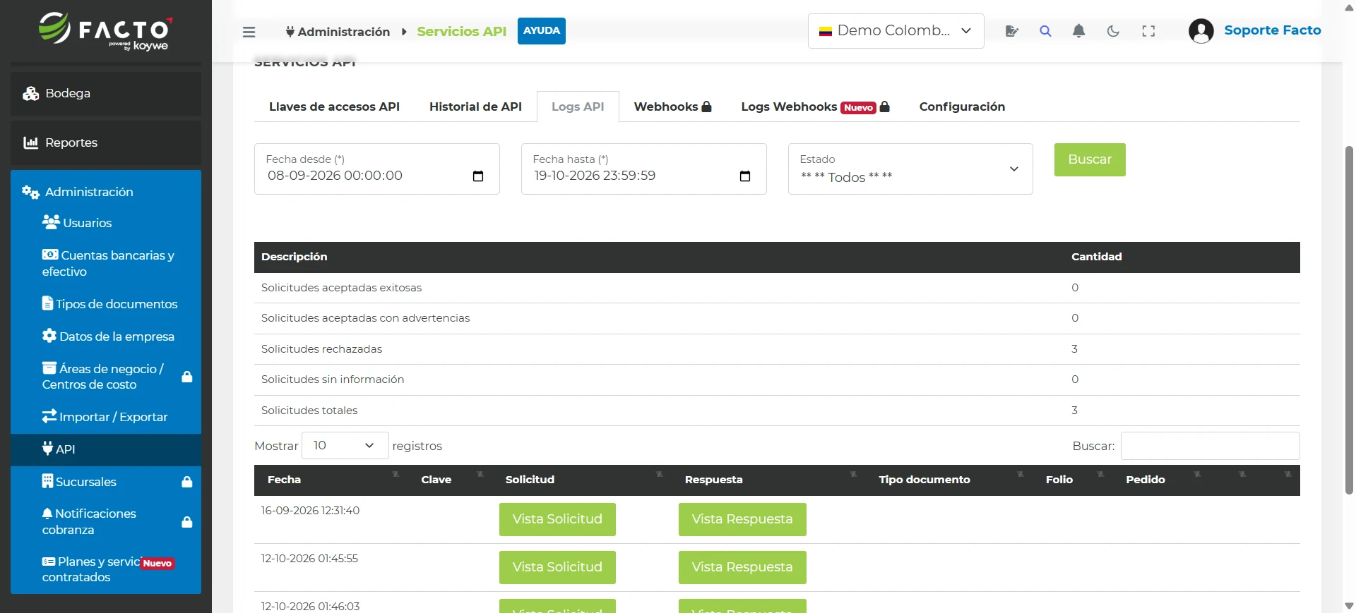 Pestaña Logs API con el resumen de solicitudes y el detalle de cada solicitud con botones Vista Solicitud y Vista Respuesta