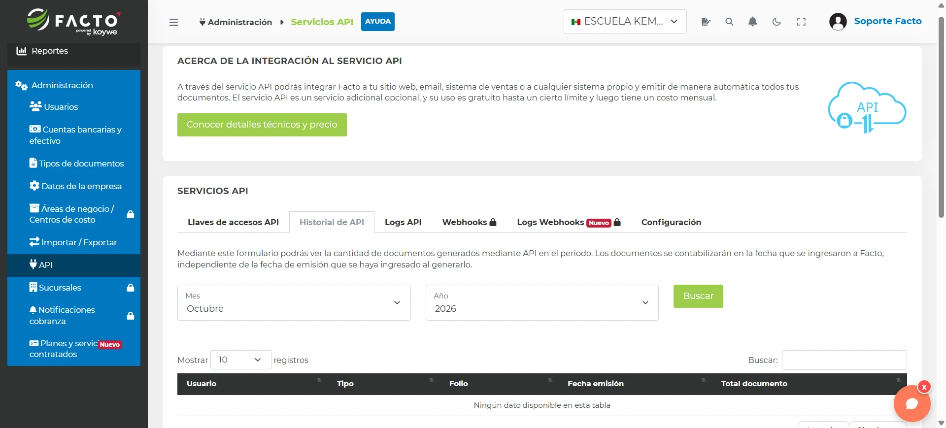 Pestaña Historial de API con los selectores de Mes y Año, el botón Buscar y la tabla con los documentos emitidos por API