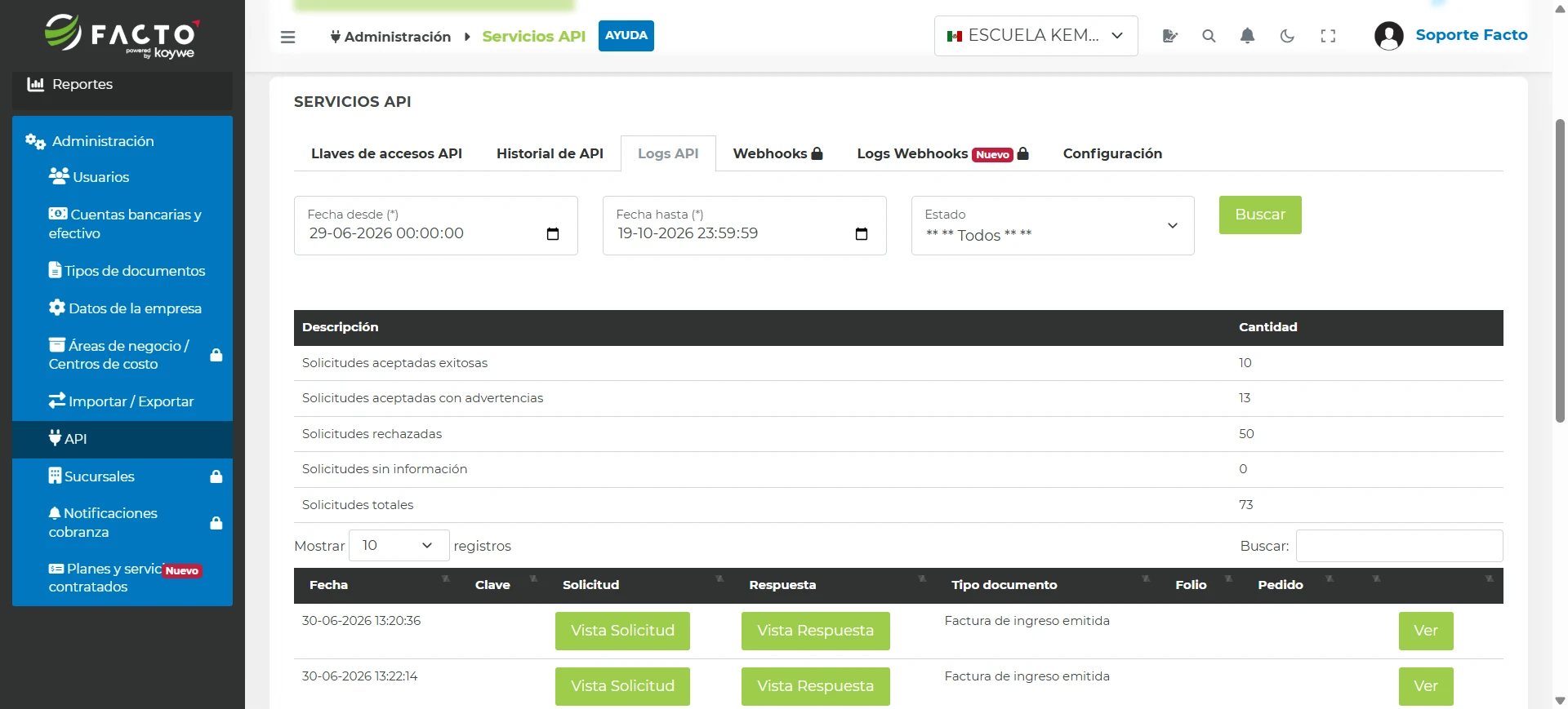 Pestaña Logs API con el resumen de solicitudes y el detalle de cada solicitud con botones Vista Solicitud y Vista Respuesta