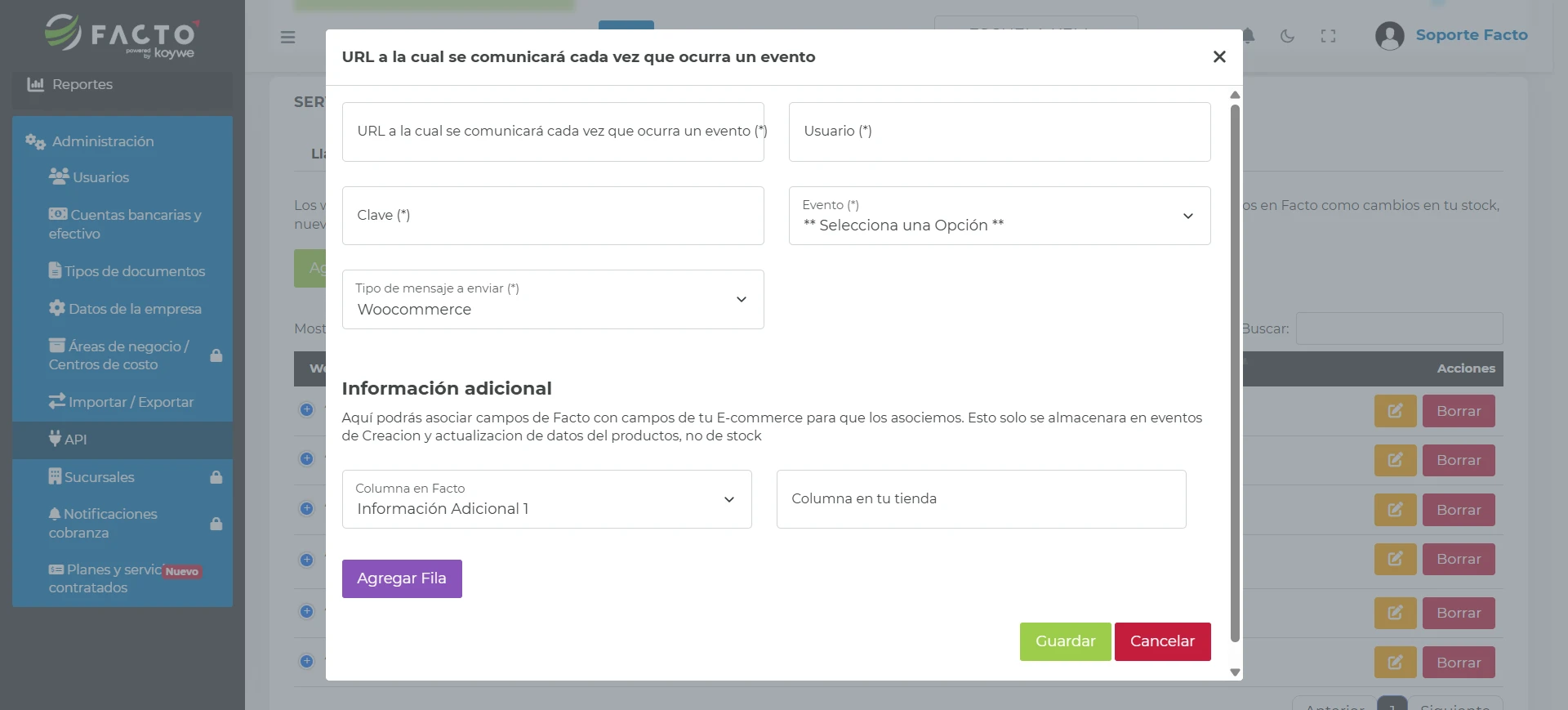 Ventana emergente para agregar una suscripción Webhooks con los campos URL, Usuario, Clave, Evento y Tipo de mensaje a enviar