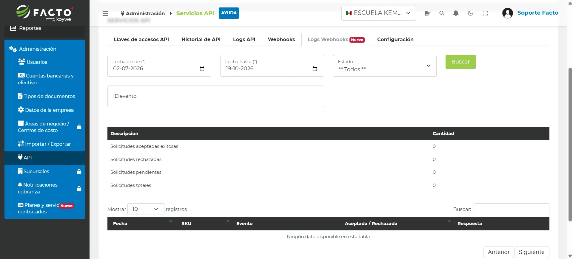 Pestaña Logs Webhooks con el resumen de solicitudes y el detalle de cada solicitud webhooks por SKU y evento