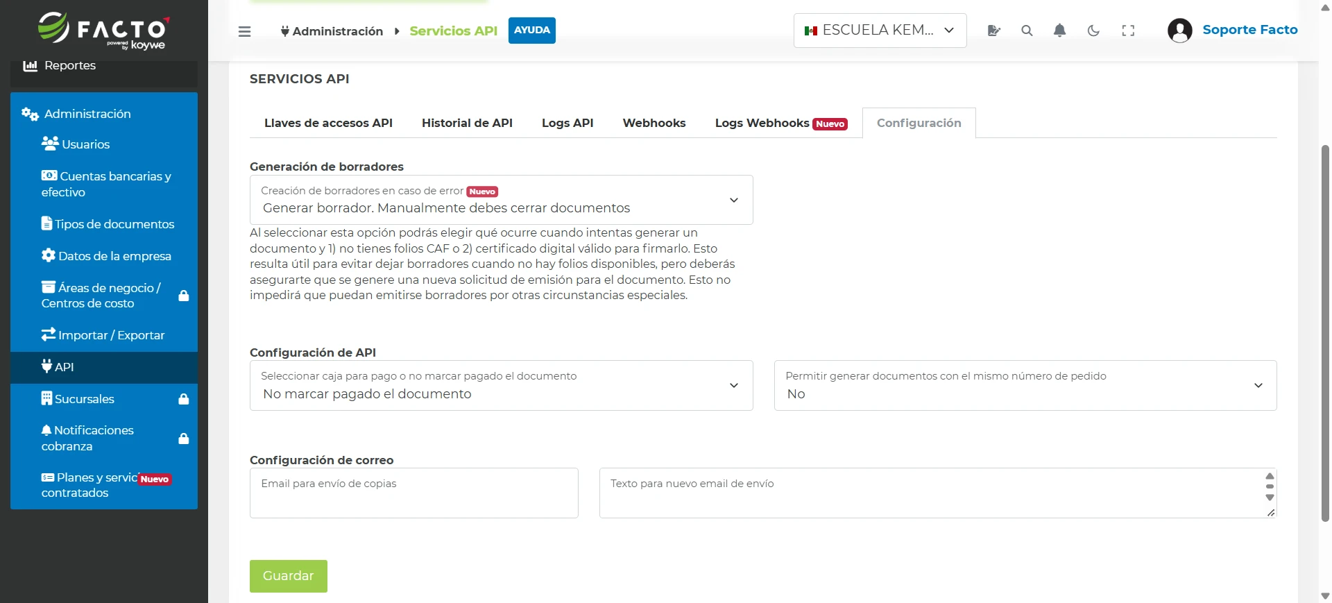 Pestaña Configuración de API con el campo para seleccionar la caja donde se registran los pagos de los documentos emitidos por API
