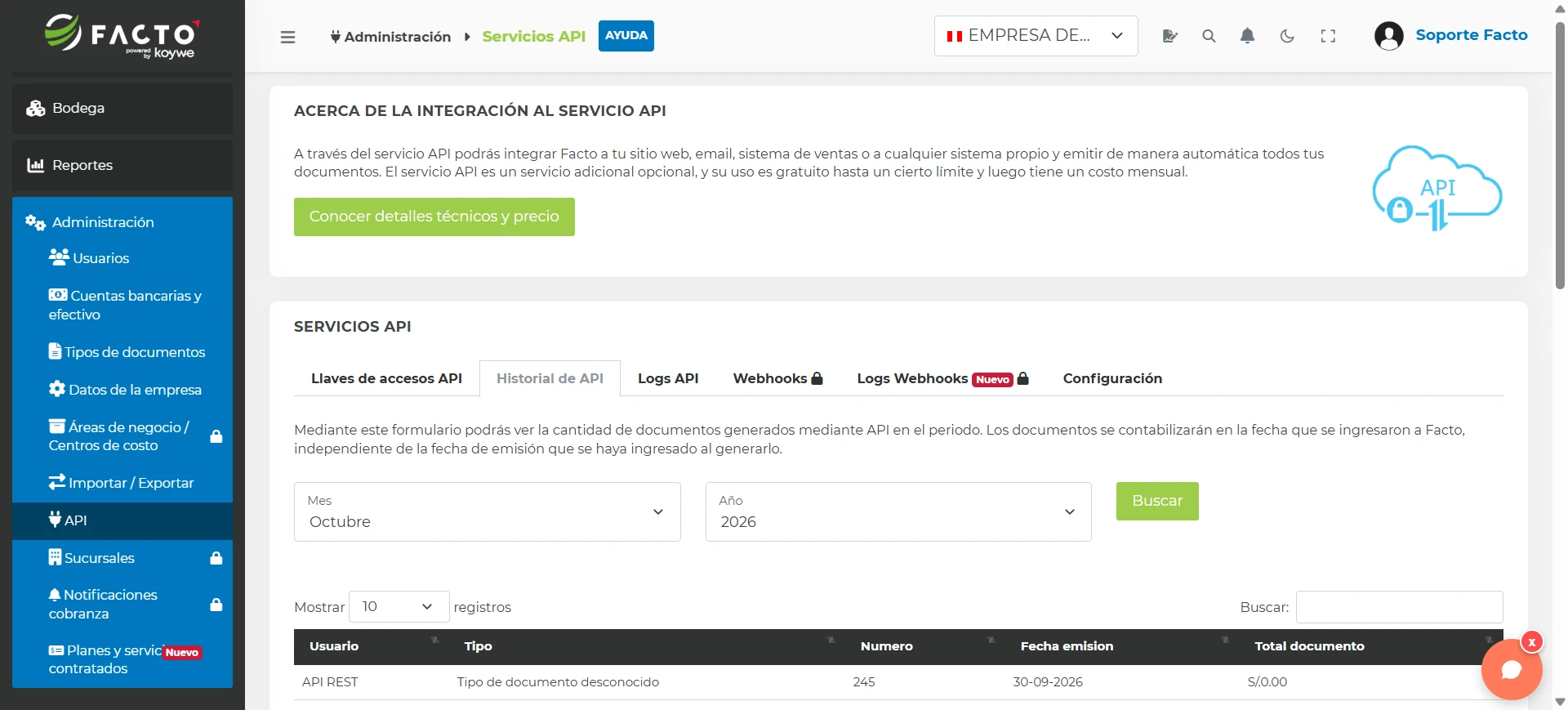 Pestaña Historial de API con los selectores de Mes y Año, el botón Buscar y la tabla con los documentos emitidos por API