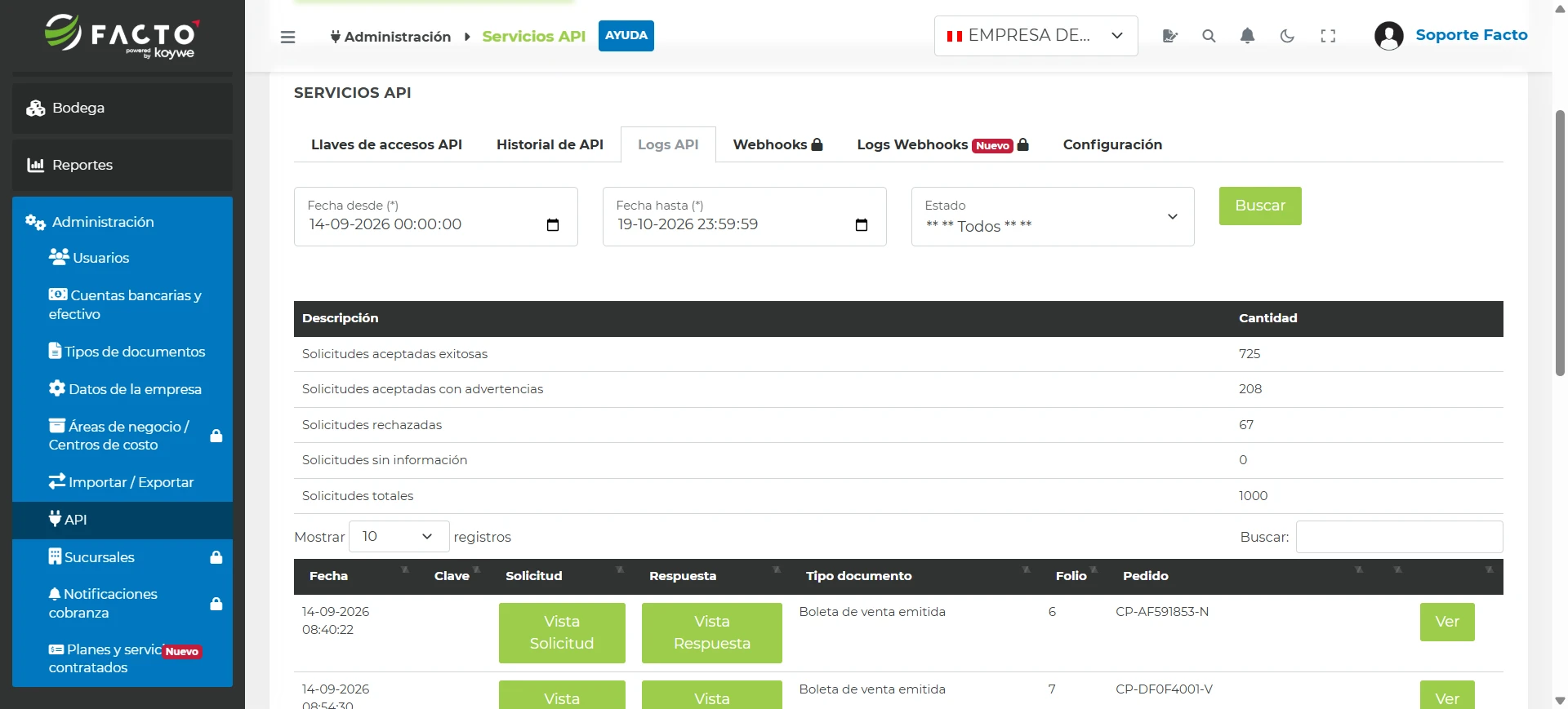 Pestaña Logs API con el resumen de solicitudes y el detalle de cada solicitud con botones Vista Solicitud y Vista Respuesta