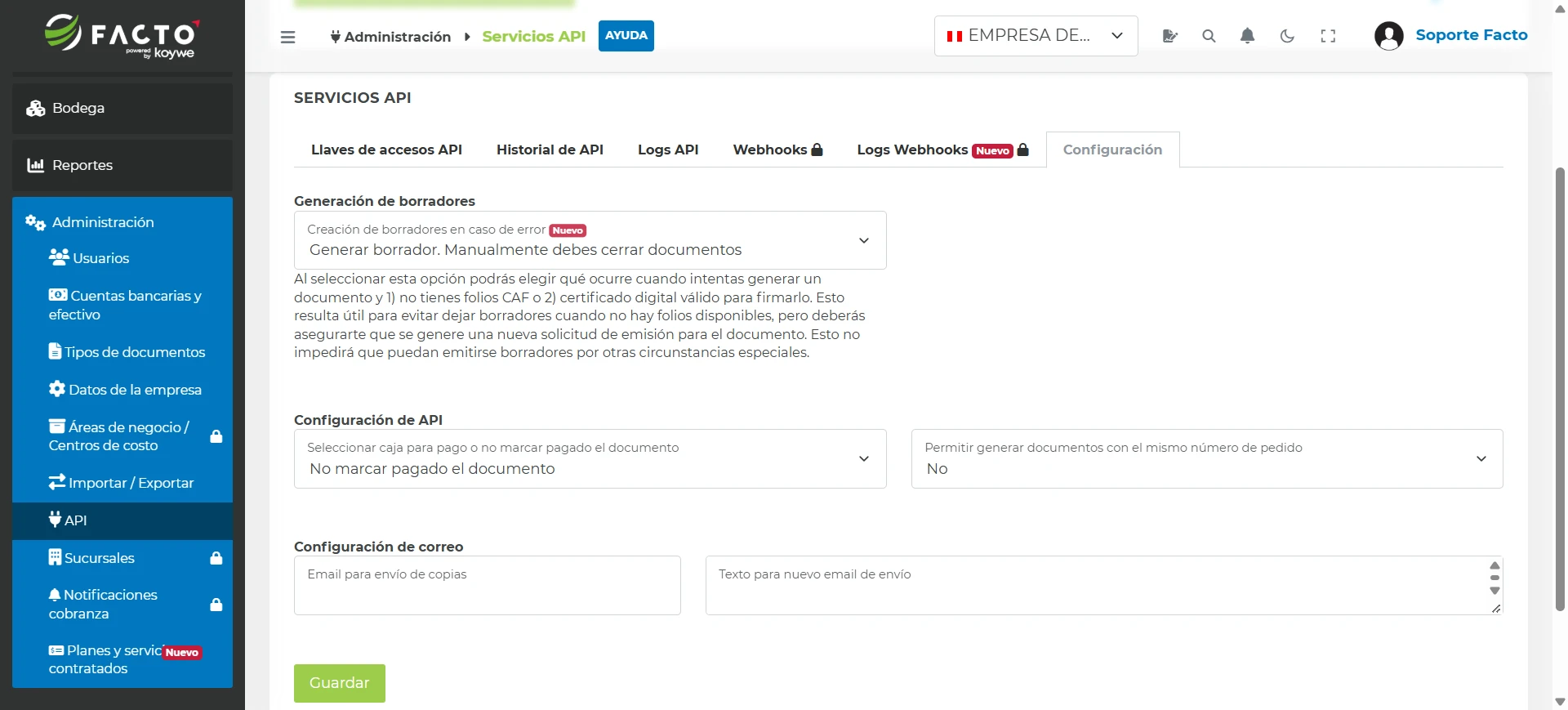 Pestaña Configuración de API con el campo para seleccionar la caja donde se registran los pagos de los documentos emitidos por API