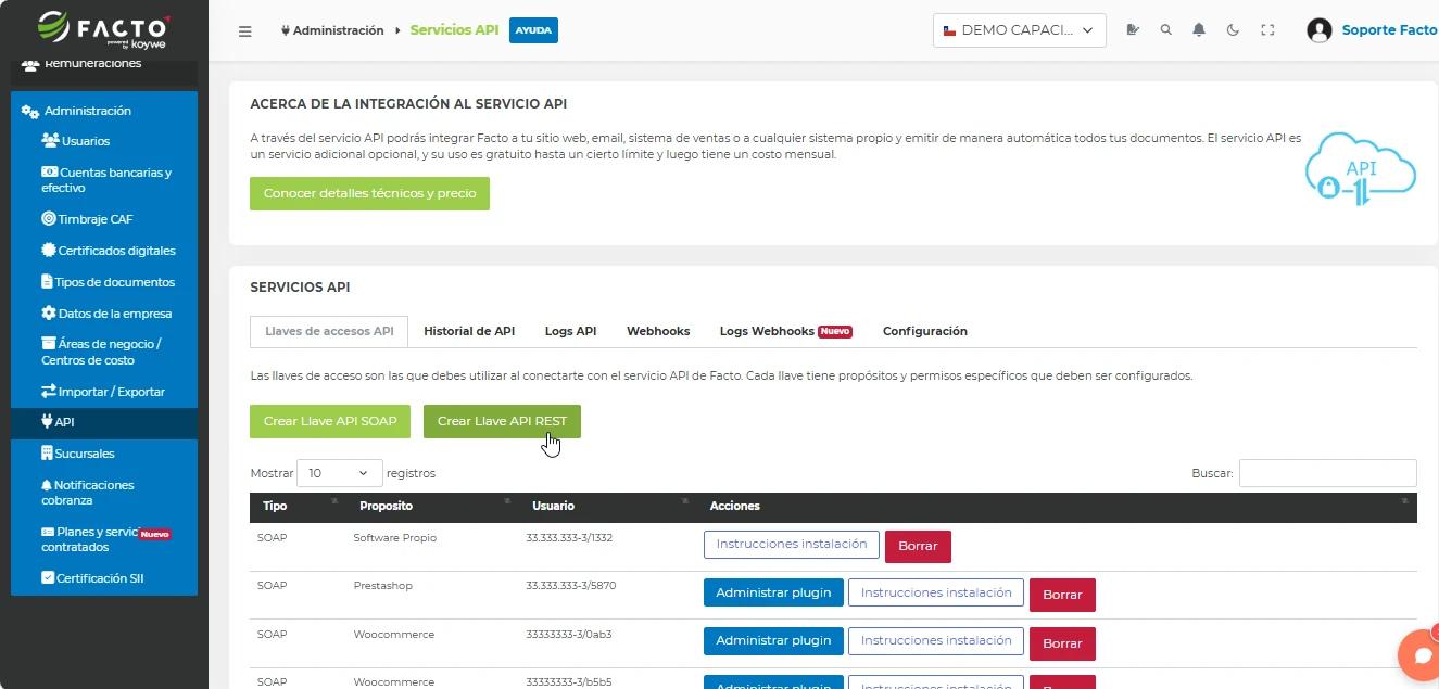 Pantalla de Servicios API en FACTO mostrando el listado de llaves de acceso