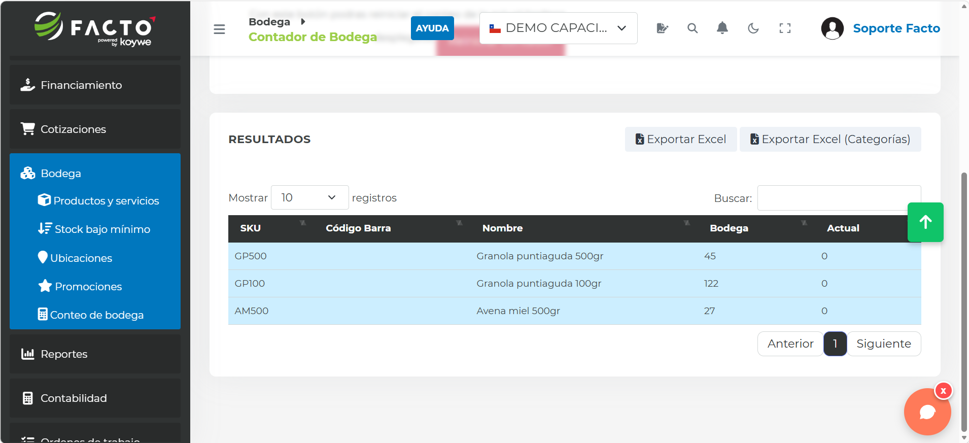 Reporte de Conteo de bodega con los productos, la bodega y el stock actual, y los botones Exportar Excel y Exportar Excel (Categorías)