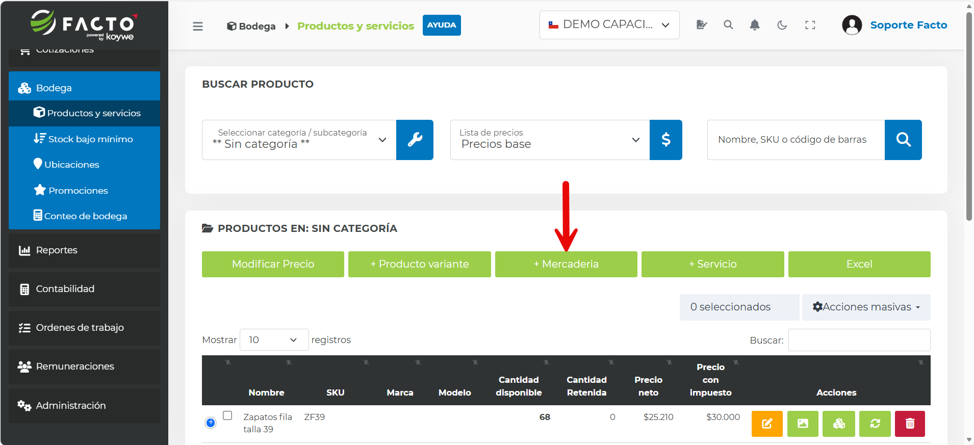 Botón +Mercadería para crear un nuevo producto en Bodega y Productos y servicios