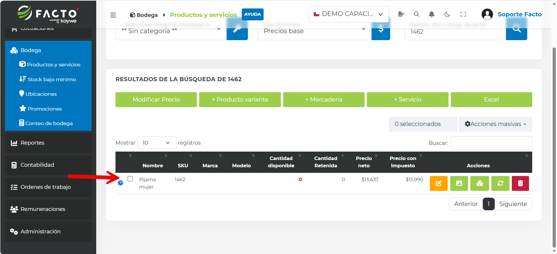 Producto creado en el listado de Productos y servicios tras hacer clic en Guardar