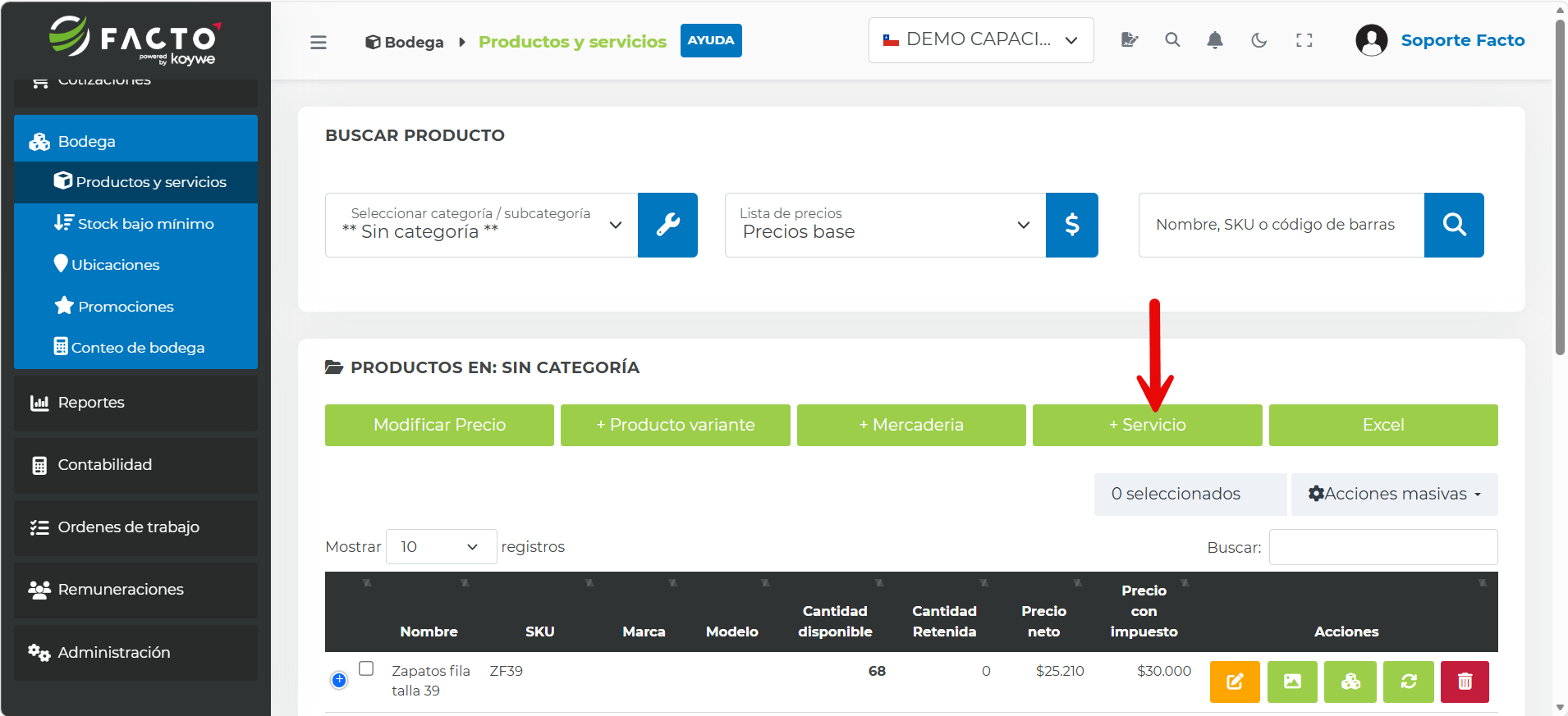 Botón +Servicio para crear un nuevo servicio en Bodega y Productos y servicios