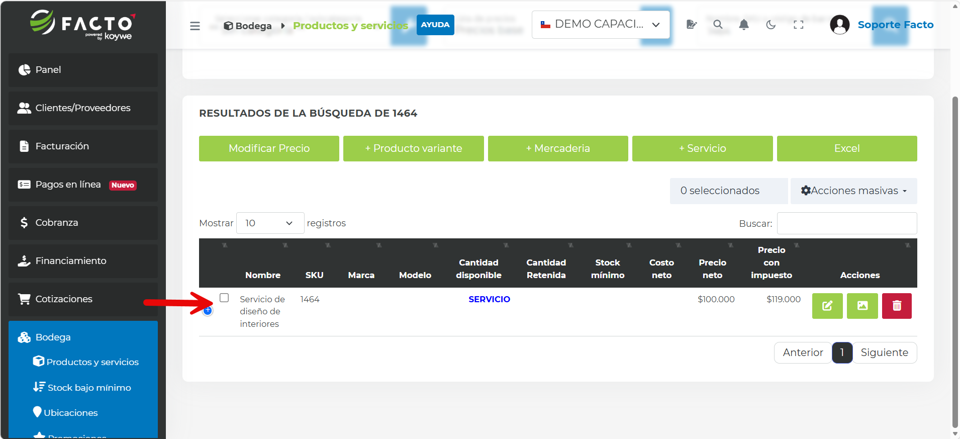Servicio creado en el listado de Productos y servicios tras hacer clic en Guardar