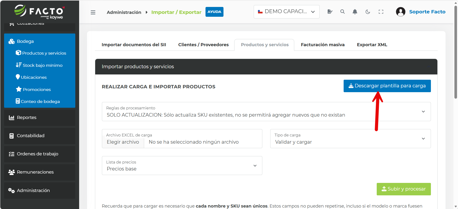 Botón Descargar plantilla para carga en el módulo Importar productos y servicios