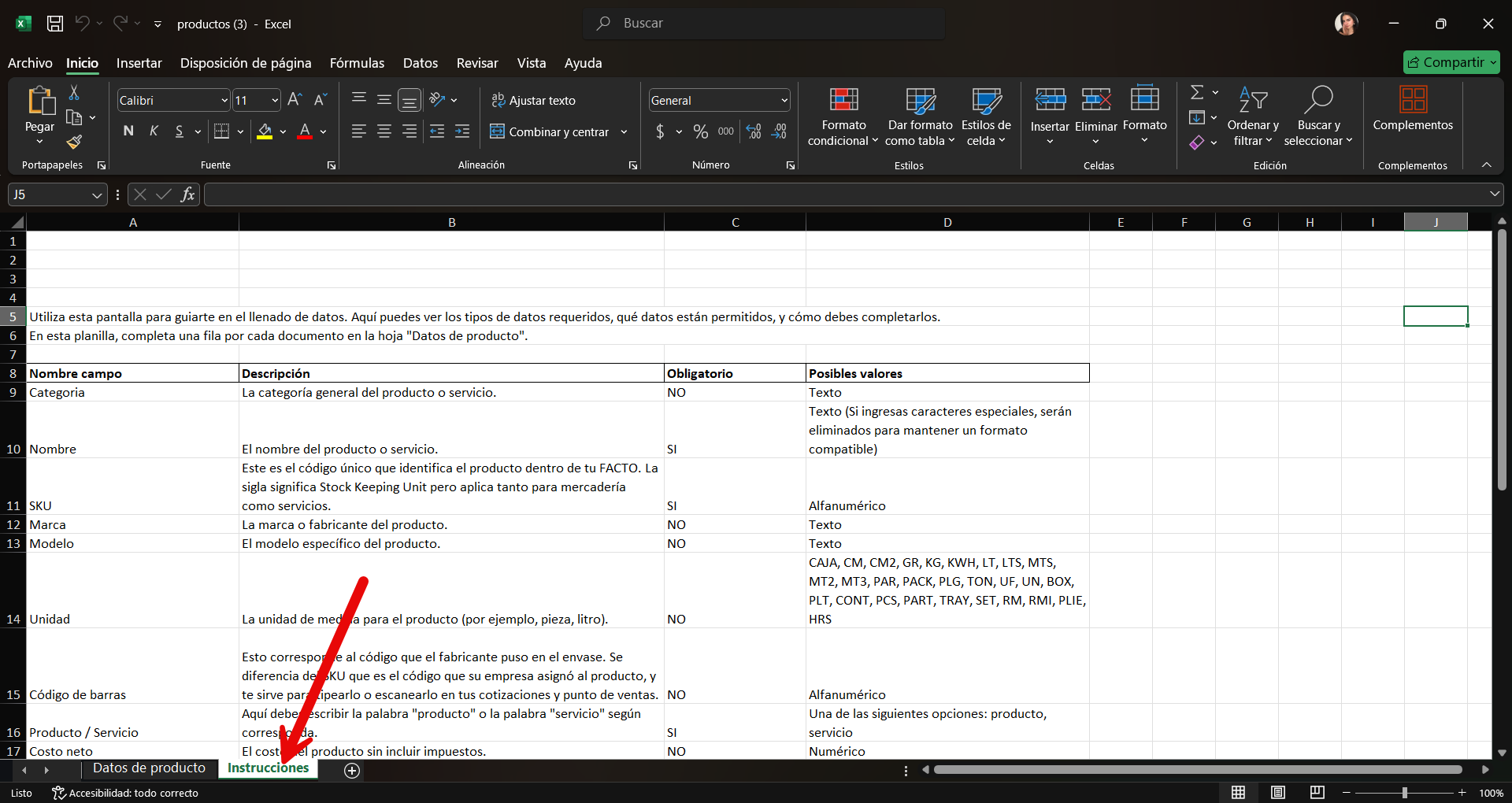 Pestaña Instrucciones de la plantilla Excel con la guía para completar los datos
