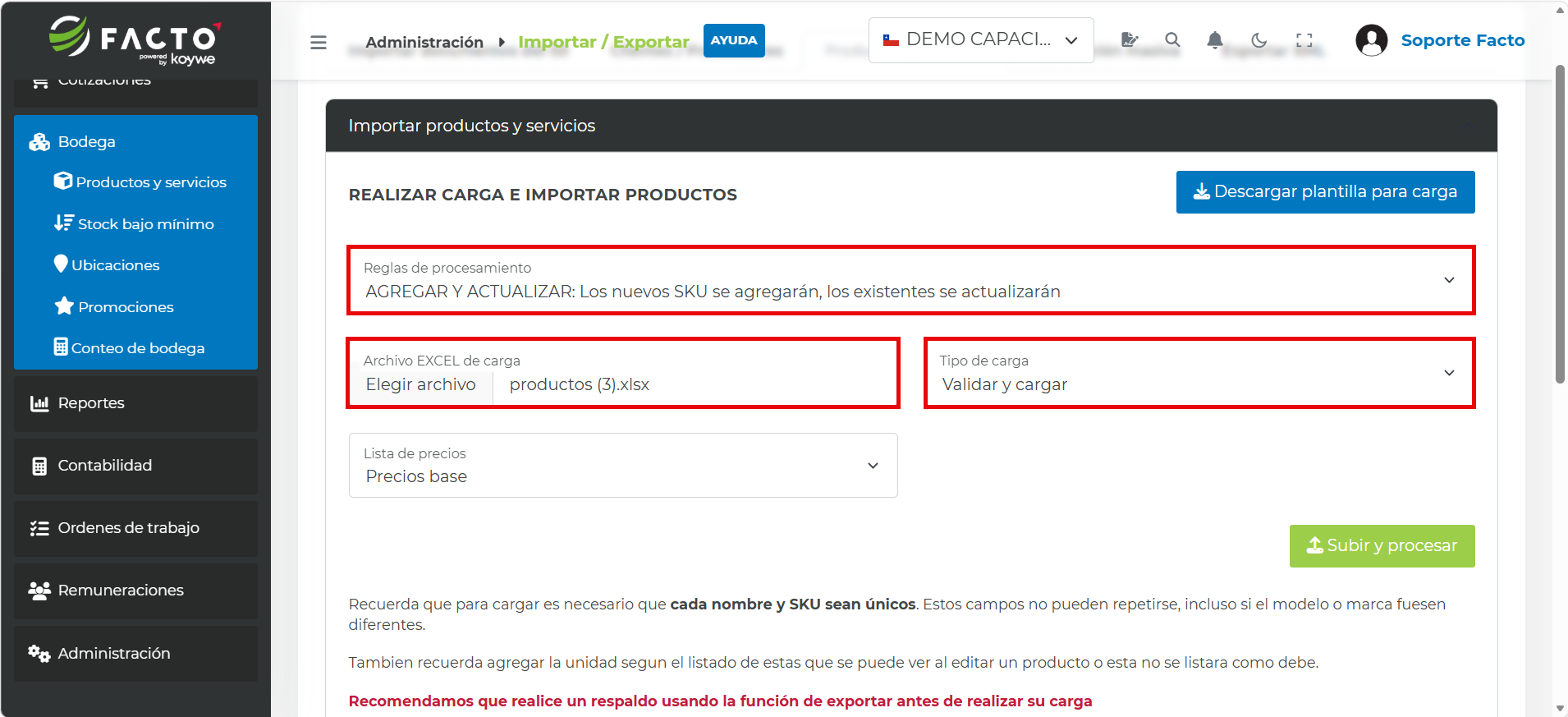 Botón Subir y procesar para cargar el Excel de productos y servicios