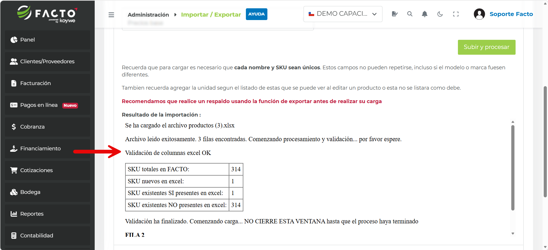 Resultado de la carga masiva mostrando la validación y el detalle de las filas procesadas
