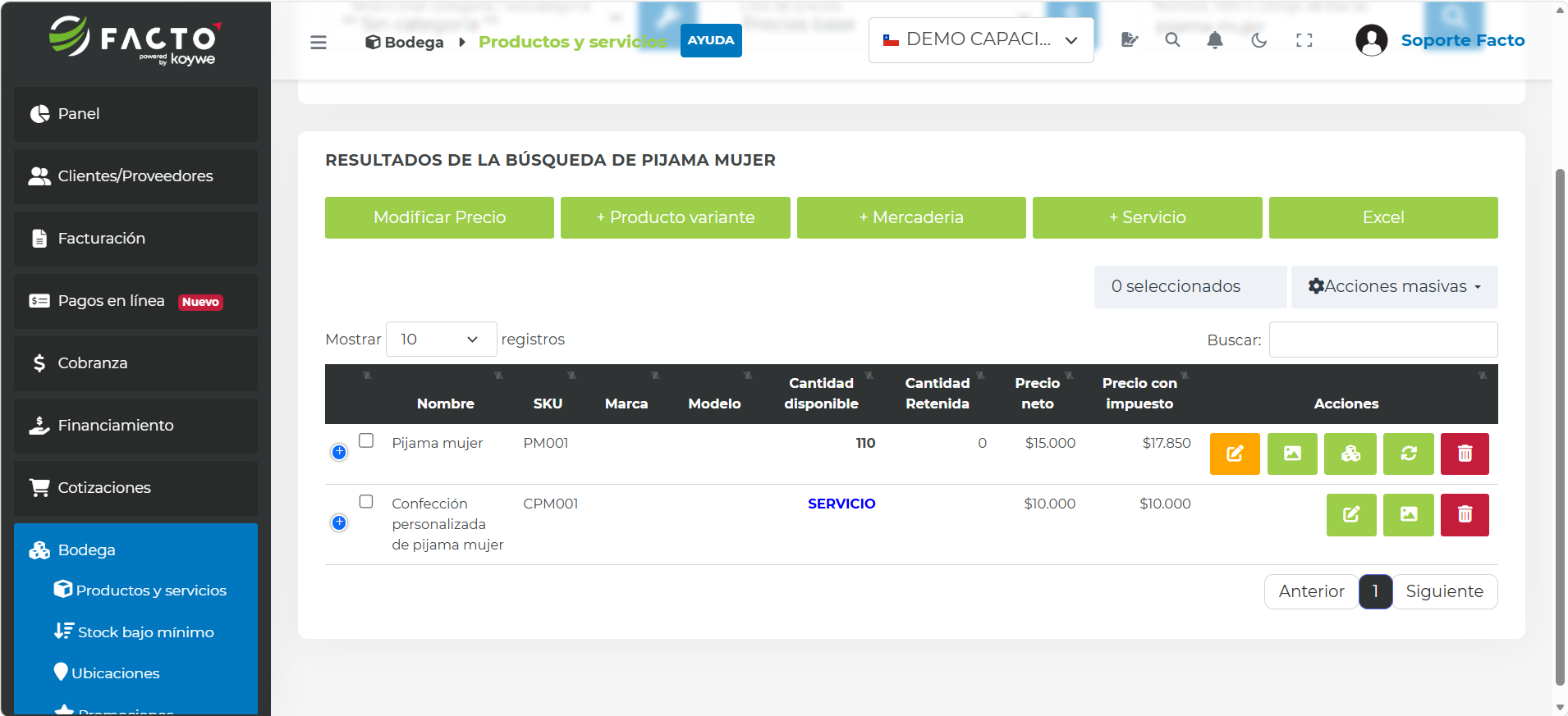 Confirmación de los productos creados en el módulo Bodega y Productos y servicios