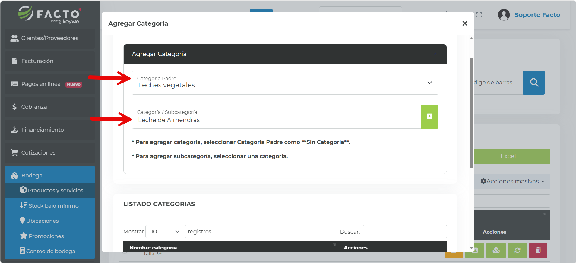 Formulario Agregar Categoría seleccionando una categoría existente como categoría padre para crear una subcategoría