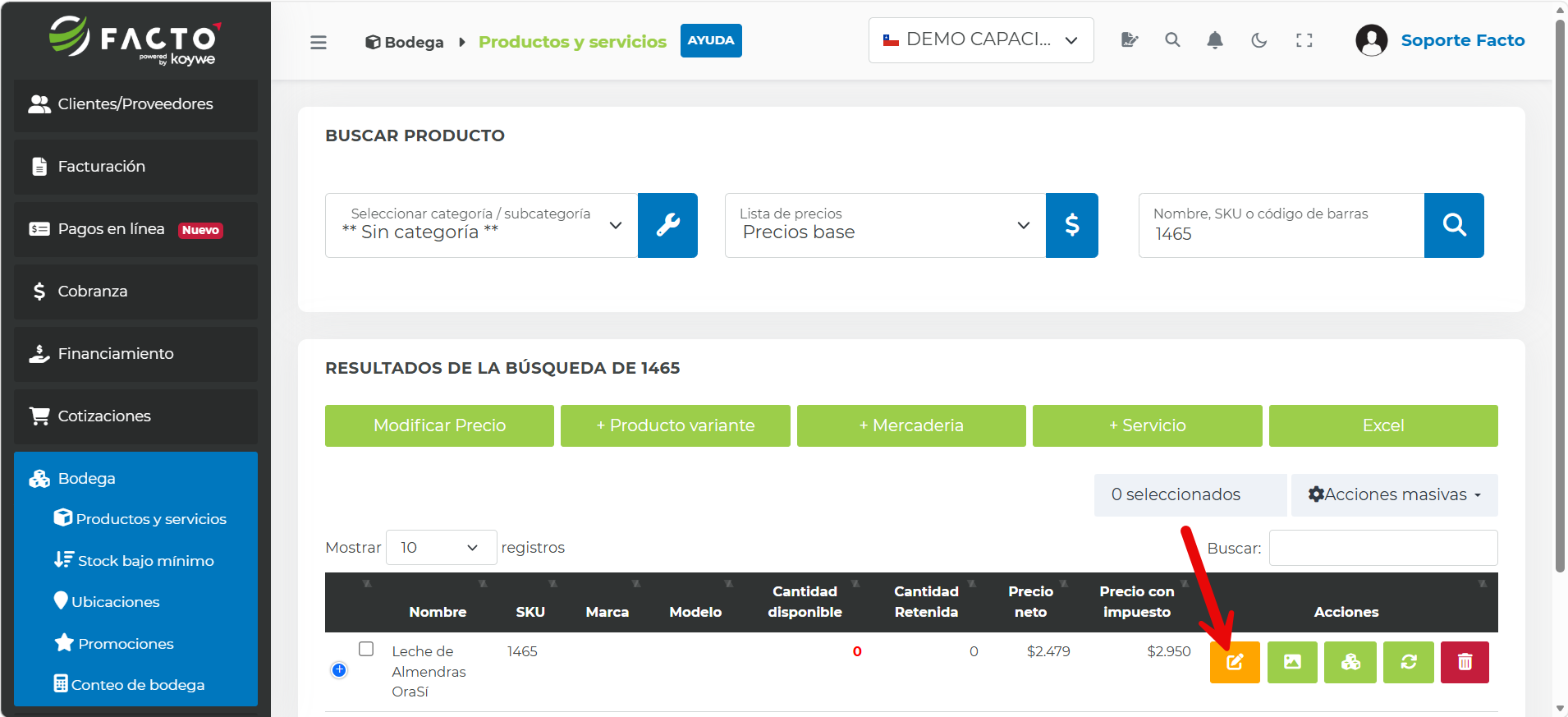 Botón Editar sobre un producto en el listado de Productos y servicios