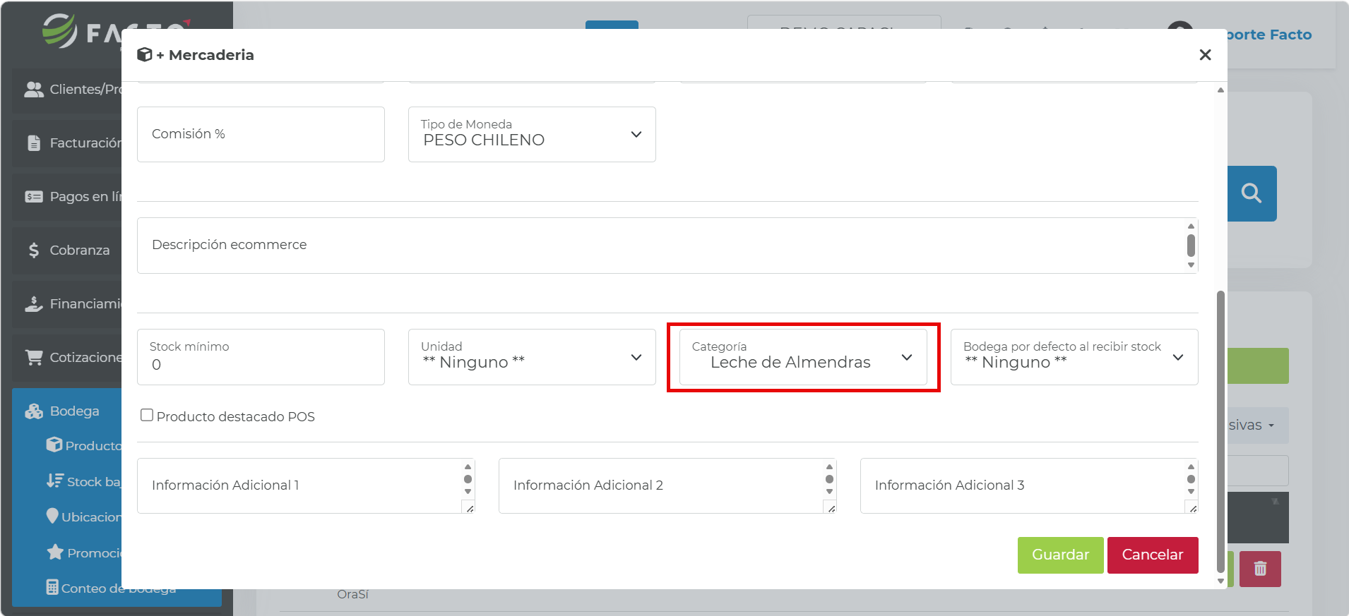 Campo Categoría en el formulario de edición de un producto para asignar la categoría o subcategoría