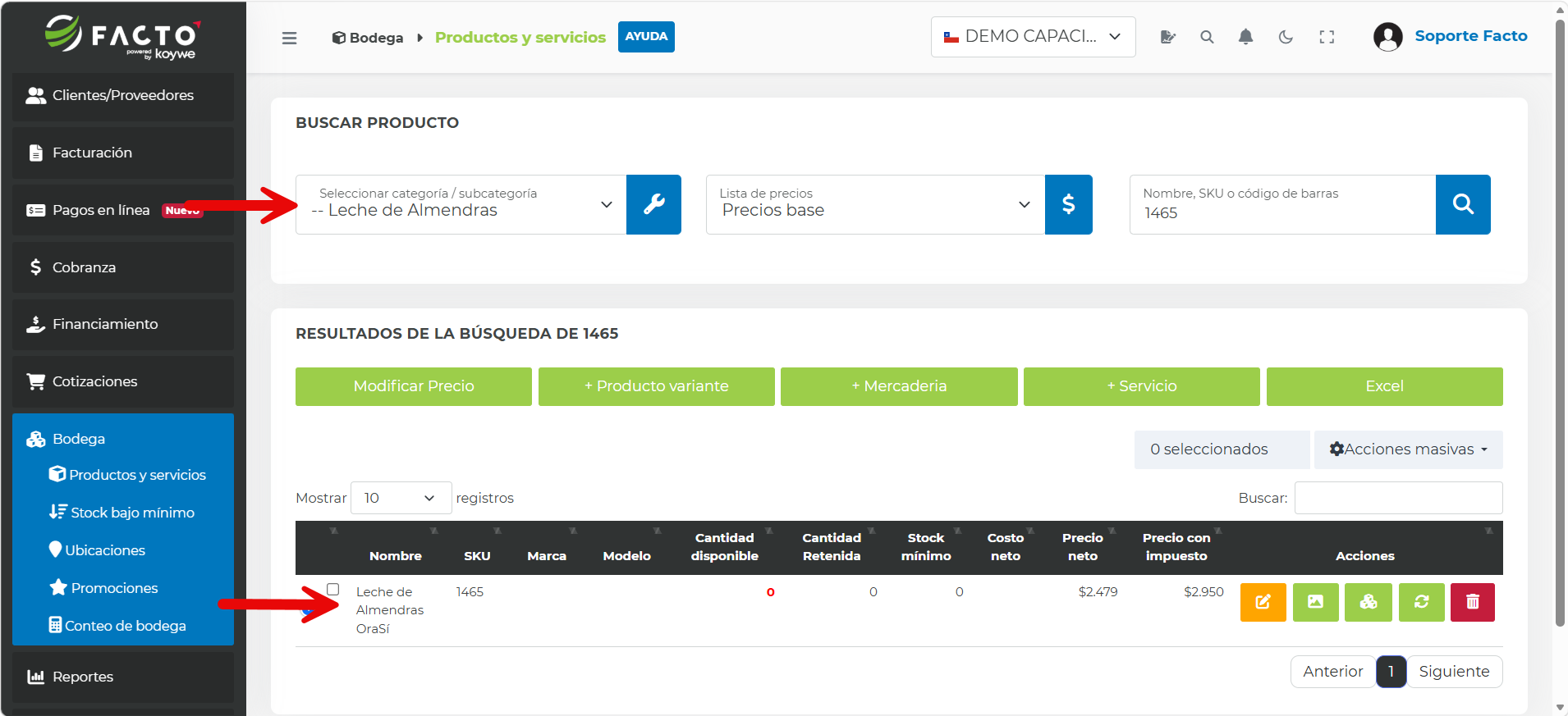 Producto actualizado mostrando la categoría asignada en el listado de Productos y servicios
