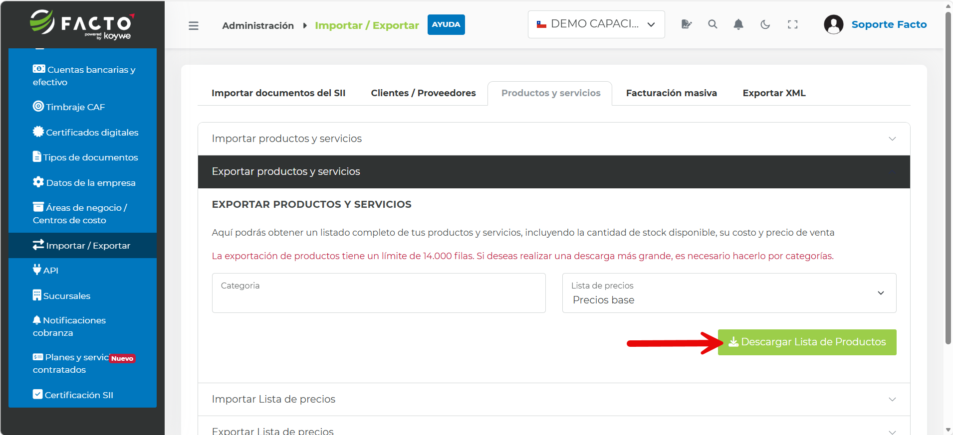 Opción Exportar productos y servicios en el módulo Administración y Importar/Exportar