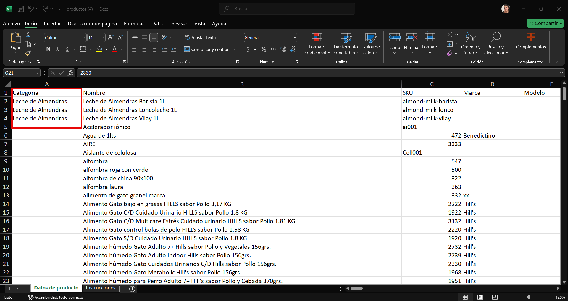 Columna Categoría en el Excel exportado de productos y servicios