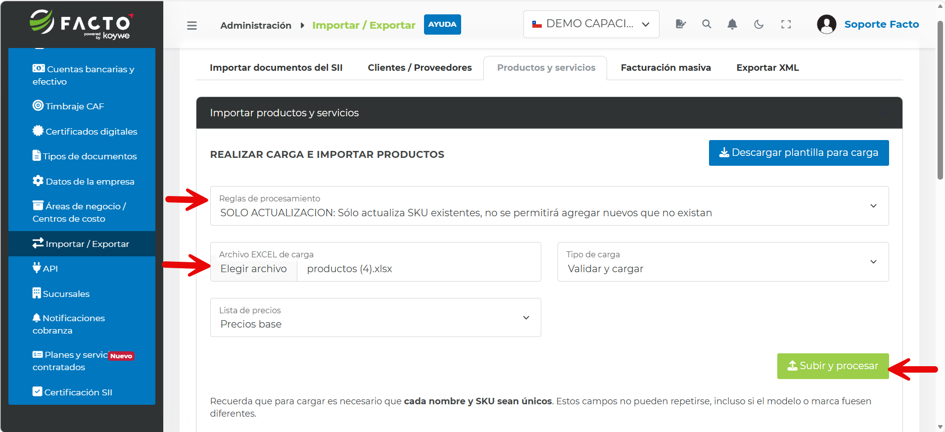 Carga del Excel con la regla de procesamiento Sólo actualización para actualizar productos sin agregar nuevos