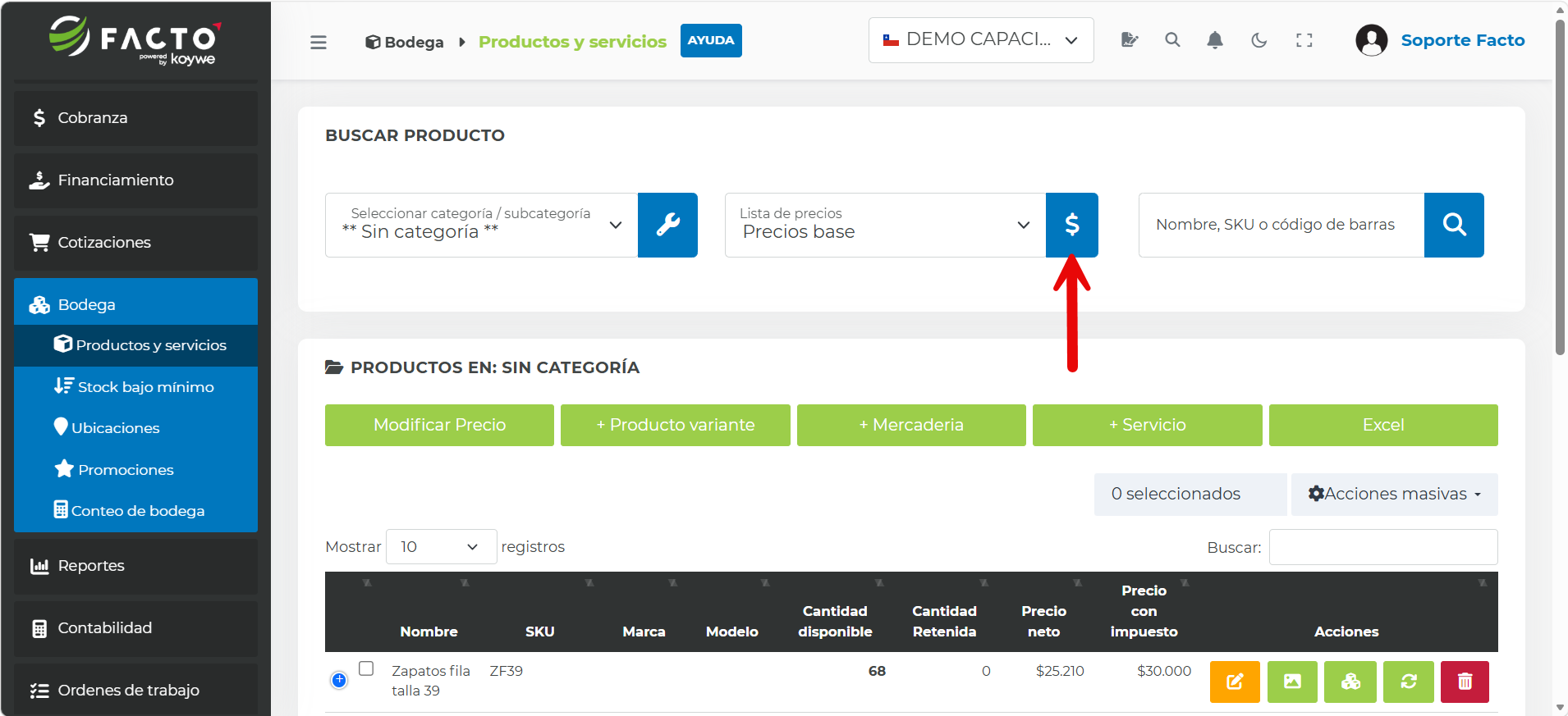 Botón con símbolo de peso para administrar listas de precios en Productos y servicios