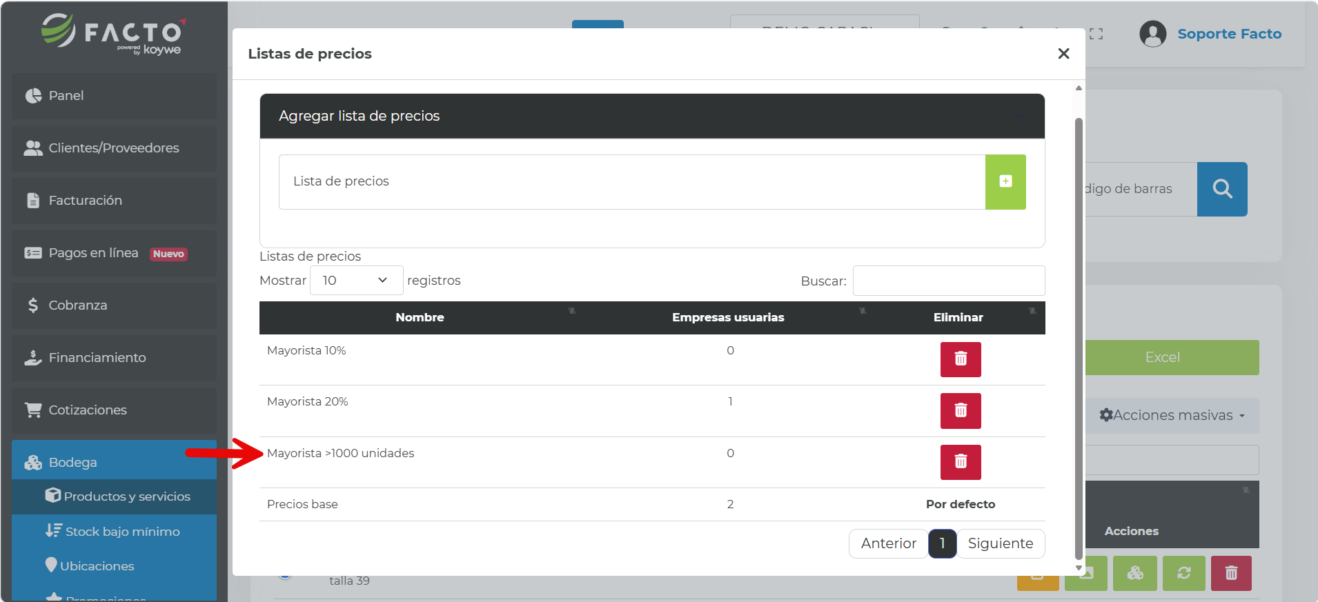 Listado de Listas de Precios creadas, incluyendo la nueva lista agregada
