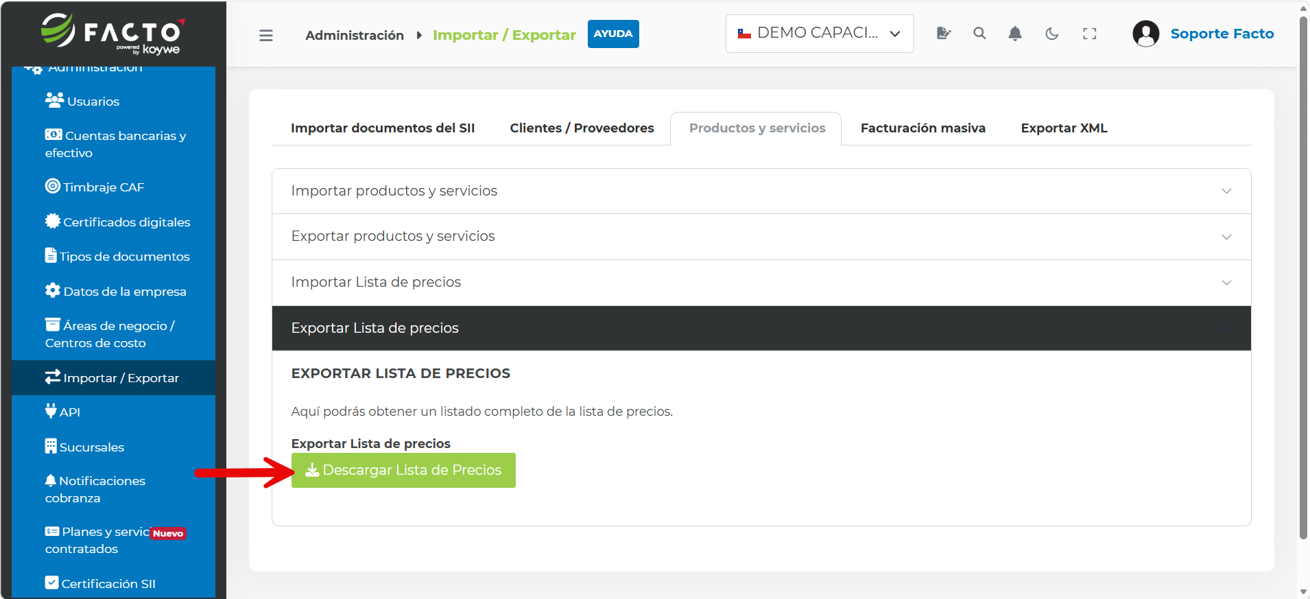 Opción Exportar Lista de precios en el módulo Administración y Importar/Exportar
