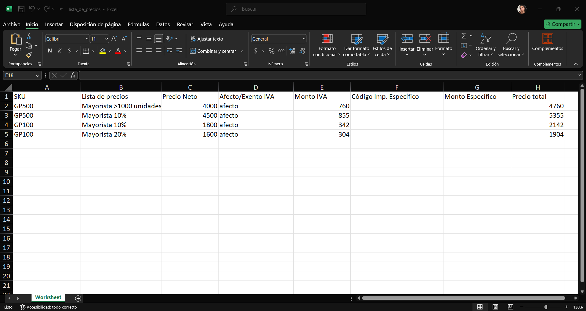 Excel de Lista de Precios con los datos de SKU, lista, precio neto, IVA y precio total