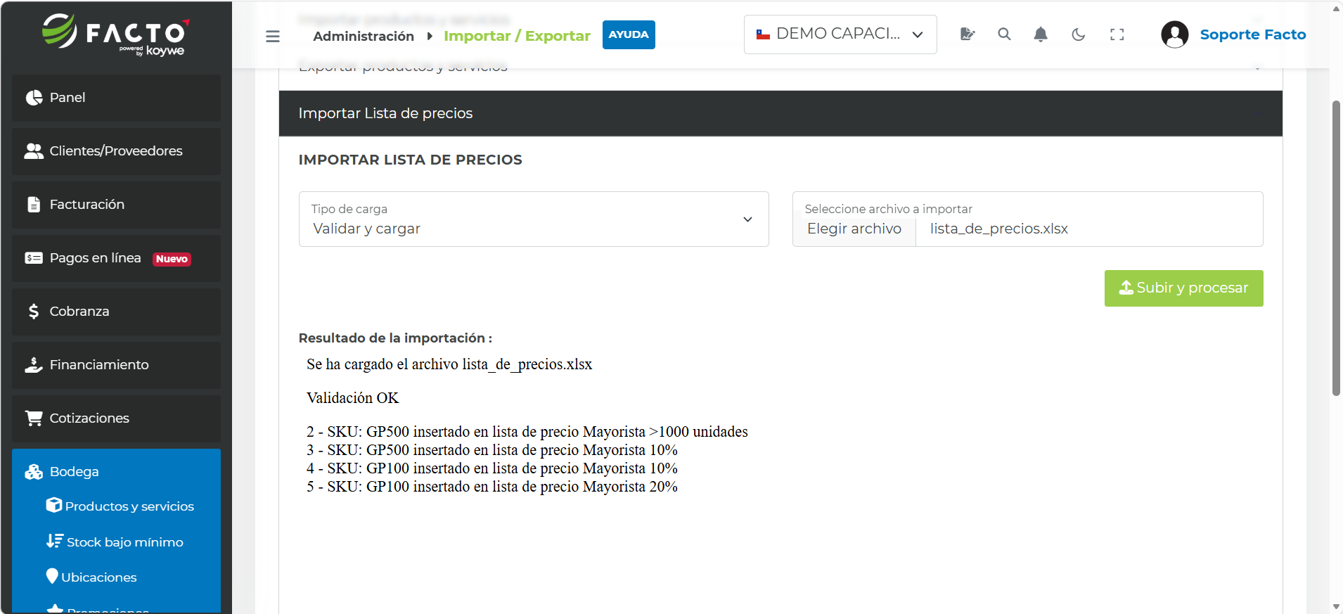 Carga del Excel de Lista de Precios en el módulo Importar Lista de precios