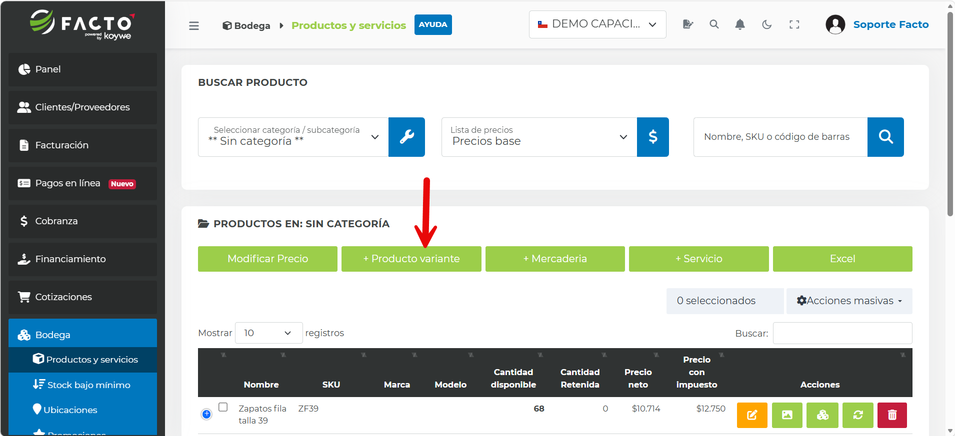 Botón +Producto variante y luego +Mercadería para crear un producto con variantes
