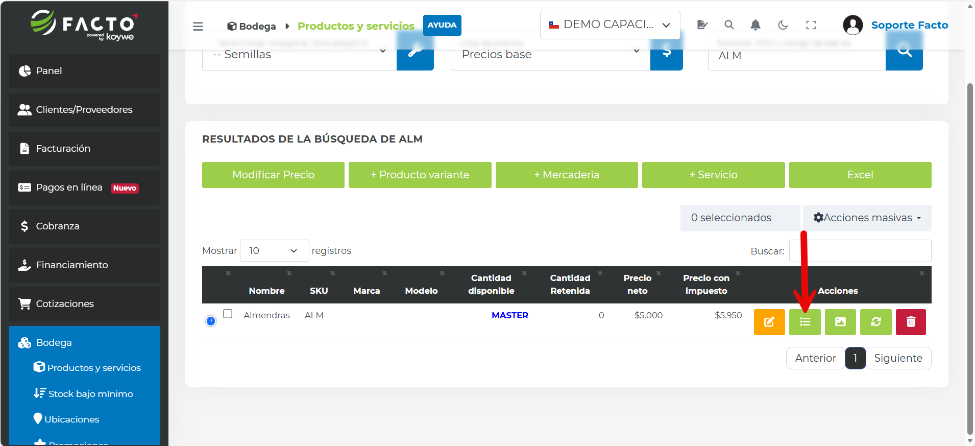 Botón con ícono de lista sobre el producto maestro creado para administrar sus variantes