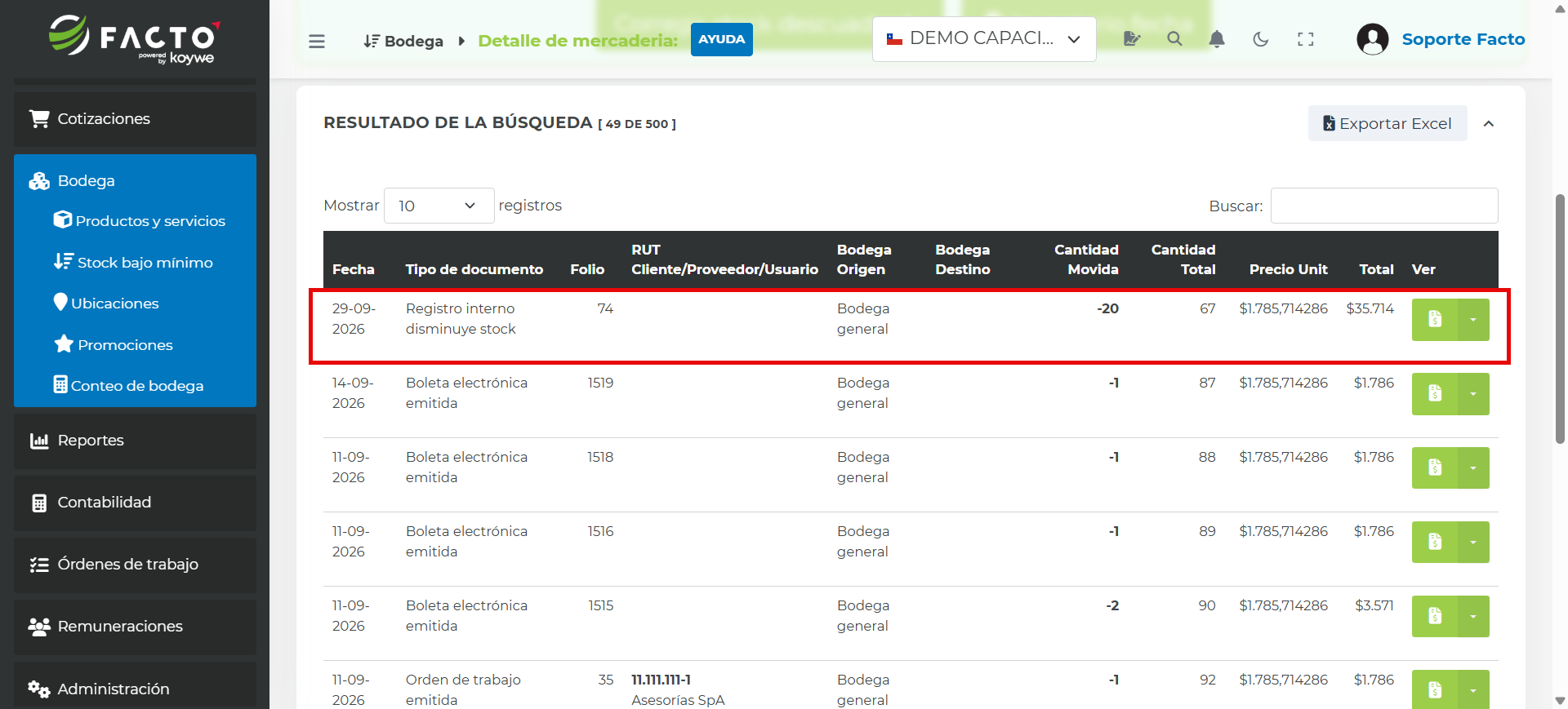 Historial de movimientos del producto mostrando el movimiento generado por el documento Registro interno disminuye stock