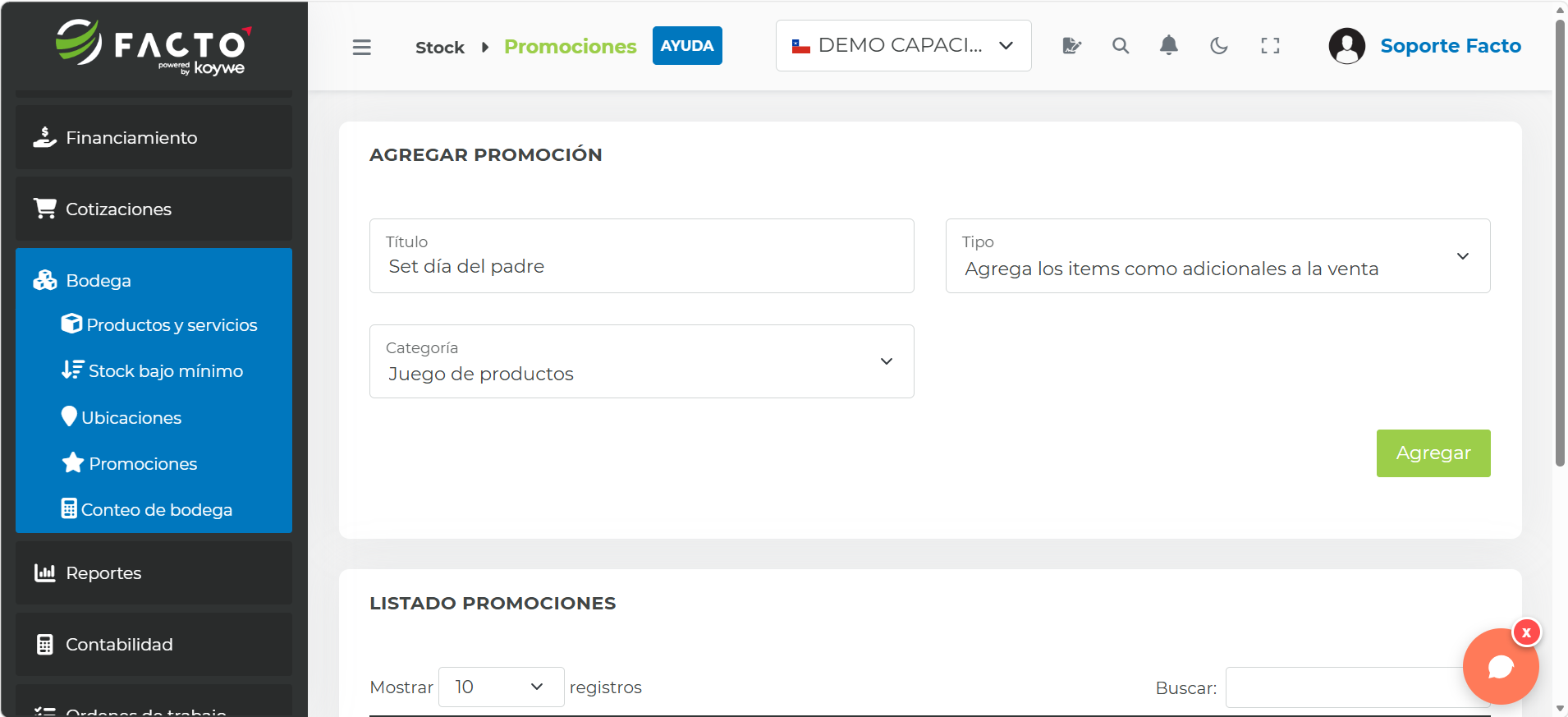 Formulario Agregar Promoción en el módulo Bodega y Promociones con los campos Título, Tipo y Categoría