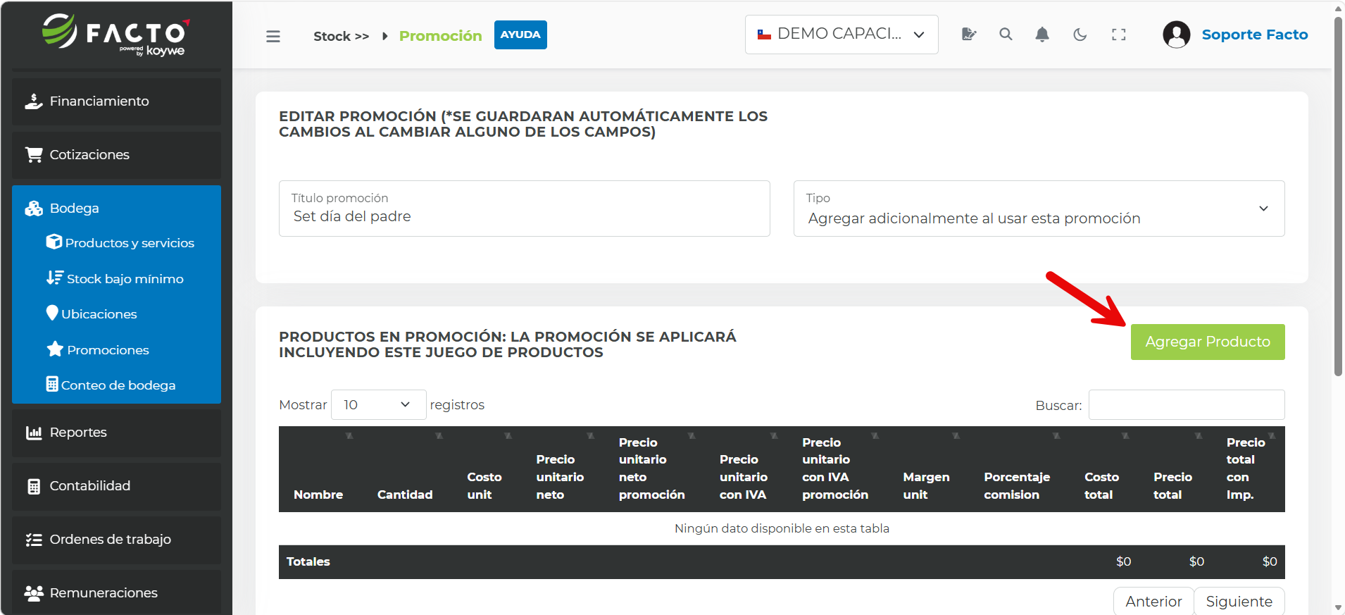 Pantalla de edición de una promoción con el botón Agregar Producto para sumar productos a la promoción