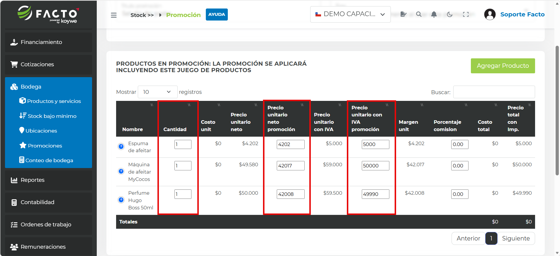 Tabla de productos agregados a la promoción con los campos Cantidad, Precio unitario neto promoción y Precio unitario con IVA promoción