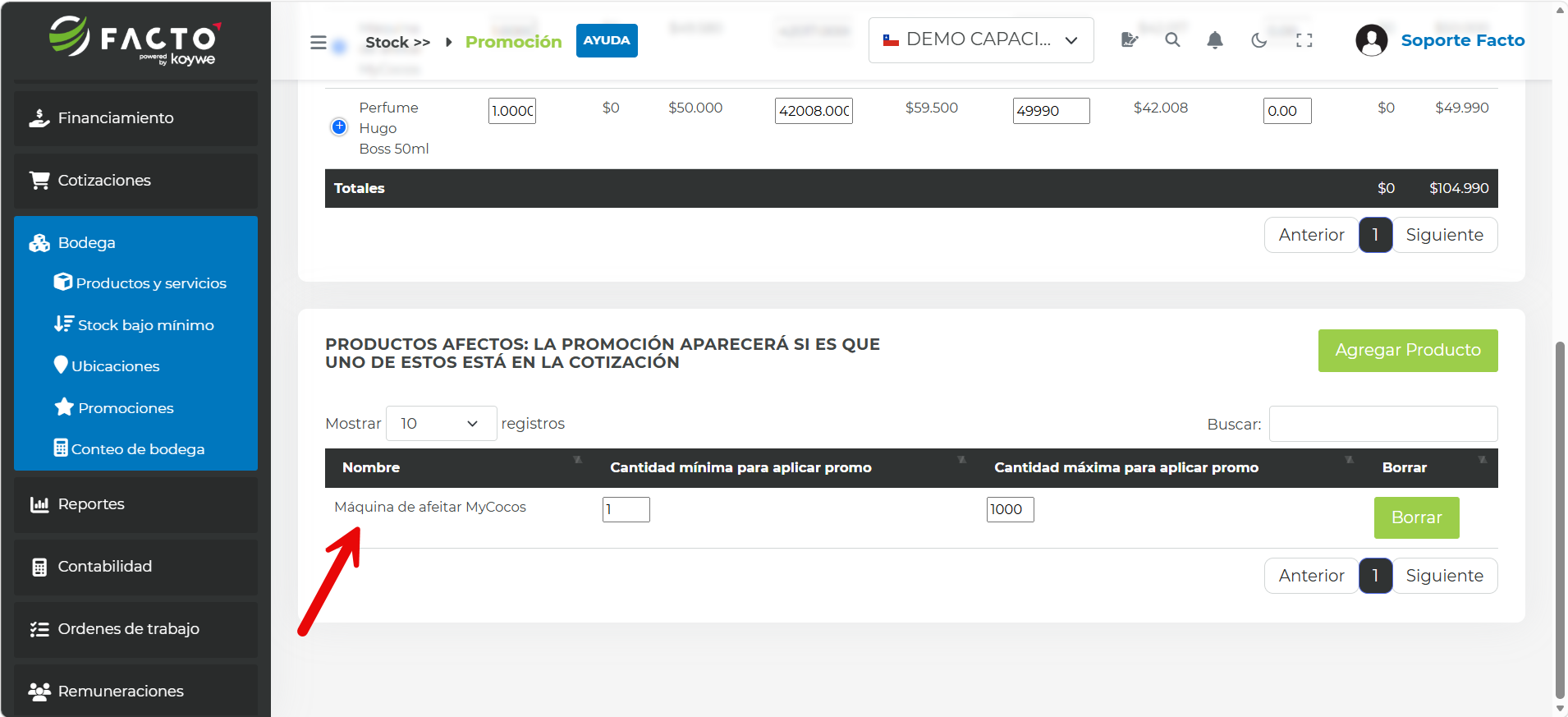 Tabla de productos afectos a la promoción con los campos Cantidad mínima y Cantidad máxima para aplicar la promo