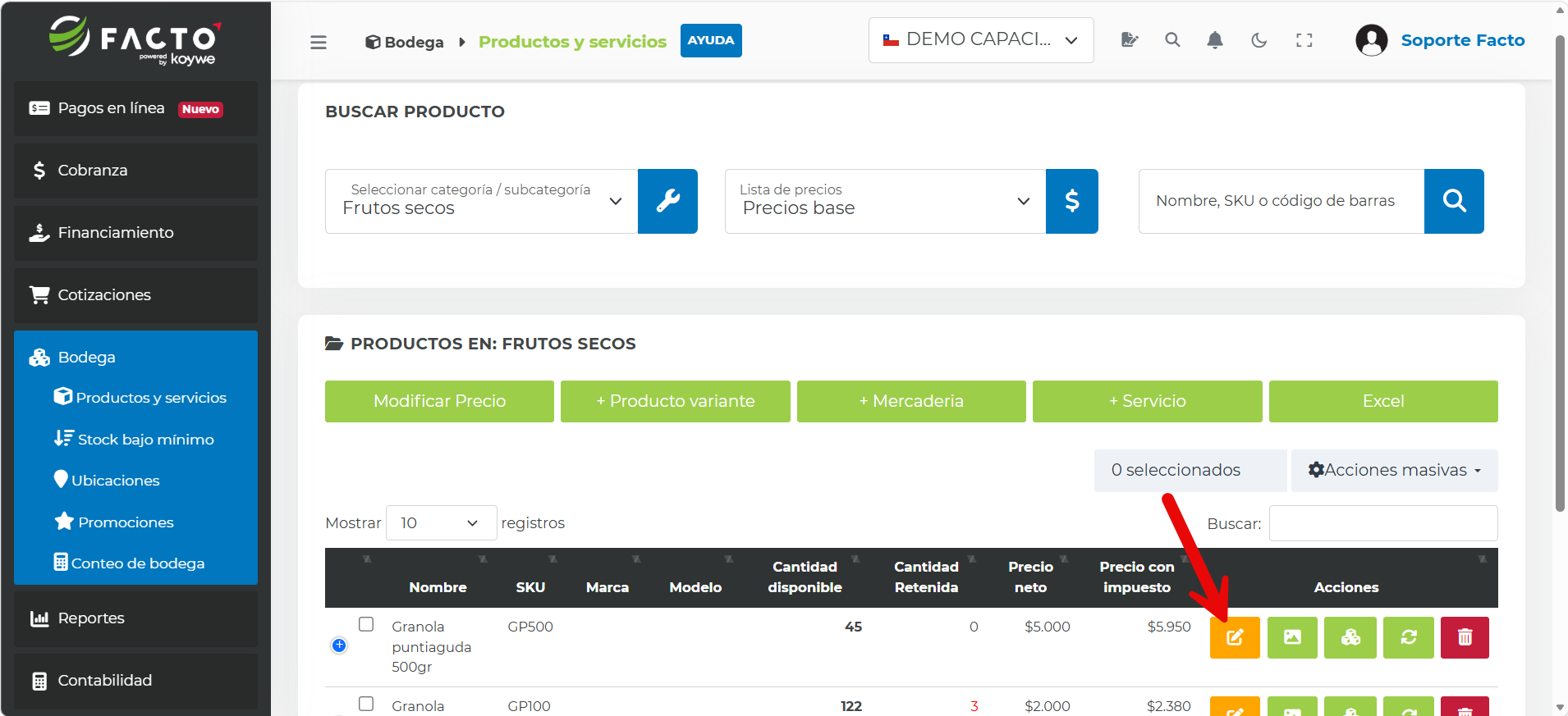 Botón Editar sobre un producto en el listado de Productos y servicios
